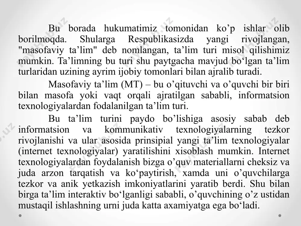 gan bir nechta universitetlar o’quvchilarni ta’minlaydi. uzoklashgan auditoriyalar. ushbu modelda informasion va kommunikasion imkoniyatlar keng foydalaniladi. bitta o’quv muassasada bulib utgan o’quv kurslar videokonferensiyalar, radiotranslyasiyalar va telekomunakasion kanallar orkali sinxron telekursatuvlar kurinishida boshqa auditoriyalarga uzatiladi. aralashgan model bilan farki shundaki, bu modelda o’quvchilar kunduzgi ta’limda katnashmaydi. bu modelga misol qilib akshning viskonsing universitetidagi va xitoyning markaziy radio va televideniye universitetidagi ta’limni olish mumkin. proyektlar. ushbu model davlat yoki ilmiy izlanish maksadidagi dasturlarni bajarish uchun yaratiladi. asosiy ish masofaviy ta’lim mutaxassislari va pedagoglar tuplangan ilmiy-metodik markazga tushadi. ushbu modelda yaratilgan kurslar axolining katta kismiga namoyish kilinib uz vazifasini bajargandan keyin tuxtatiladi. bu modelga misol qilib afrika, osiyo va lotin amerikadagi rivojlanmagan mamlakatlarida o’tkazilgan kishlok xujaligi, soliklar va ekologiya haqidagi o’tkazilgan xar xil kurslar bulishi mumkin. birlamchi model. konsorsium. validasiya. uzoqlashgan avditoriyalar. masofaviy ta’limning qulayliklari va kamchiliklari. dars jadvalni qulayligi. o‘quvchi o‘ziga ma’qul bo‘lgan vaqtda o’quv jarayoniga qatnashishi mumkin. qulay foydalanish manzillari. …