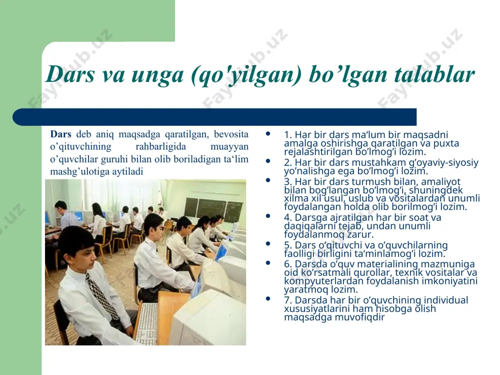 xnik vositalar bajaradi. demak, o’quv jarayonini (o’j) quyidagi formula tarzida ifodalash mumkin: o’j = m + o’f + b tarbiya qoidalari tarbiyaning bir maqsadga qaratilganligi tarbiyaning insonparvarlik va demokratik qoidasi tarbiyani hayot bilan, mehnat bilan bog’liqligi qoidasi tarbiyada milliy-madaniy va umuminsoniy qadriyatlarning ustivorligi tarbiyada o‘quvchilarning yoshi va shaxsiy xususiyatlarini hisobga olish qoidasi tarbiyaviy ishlarning izchilligi, tizimliligi hamda birligi. tarbiyaning tarkibiy qismlari aqliy tarbiya axloqiy tarbiya jismoniy tarbiya mehnat tarbiyasi estetik tarbiya huquqiy tarbiya ekologik tarbiya iqtisodiy tarbiya tarbiya usullari va ularni turlari 1. tushuntirish (o‘rgatish, odatlantirish, mashq qildirish). 2. namuna (maslahat berish, uzr so‘rash, yaxshiliklar haqida so‘zlash, o‘rnak bo‘lish). 3. nasihat berish, o‘git (undash, ko‘ndirish, iltimos qilish, yolvorish, tilak-istak bildirish, ma’qullash, rahmat aytish, duo qilish, oq yo‘l tilash va hokazolar). 4. rag’batlantirish usuli 5. qoralash va jazo (ta’qiqlash, ta’na, gina, tanbeh berish, majbur qilish, koyish, ayblash, uyaltirish, qo‘rqitish, nafratlanish, ont-qasam ichirish, urish, kaltaklash va hokazolar) таълим коидалари таълимнинг илмий бўлиш …