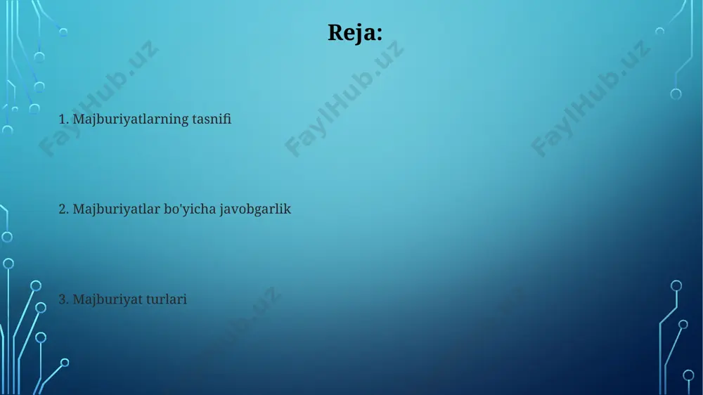 at ko'rsatilmagan) turlarga bo'linadi. bu esa dunyoning ko'plab mamlakatlarida qo'llaniladigan umumiy tamoyildir. majburiyatlarni 2 ta asosiy turga, ya'ni pul majburiyatlari va natural majburiyatlarga bo'lish mumkin, bu esa o'zbekiston respublikasining 1996-yilgi fuqarolik kodeksining 325-moddasida aniq ko'rsatilgan. xizmat ko'rsatish majburiyatlari samarqand viloyatidagi 100 dan ortiq fermer xo'jaliklari 2024-yilga kelib, zamonaviy sug'orish tizimlarini o'rnatish va dehqonchilik xizmatlarini takomillashtirish majburiyatini olgan. xizmat ko'rsatish majburiyatlarining 2023-yilgi 1-sonli qaroriga ko'ra, toshkent shahridagi 5 ta yirik kompaniya o'z mijozlariga 24/7 texnik yordam ko'rsatishi shart. e'tiboringiz uchun rahmat @taqdimot_robot image3.jpg image4.jpg image5.jpg image6.jpg image7.jpg image8.jpg image2.png