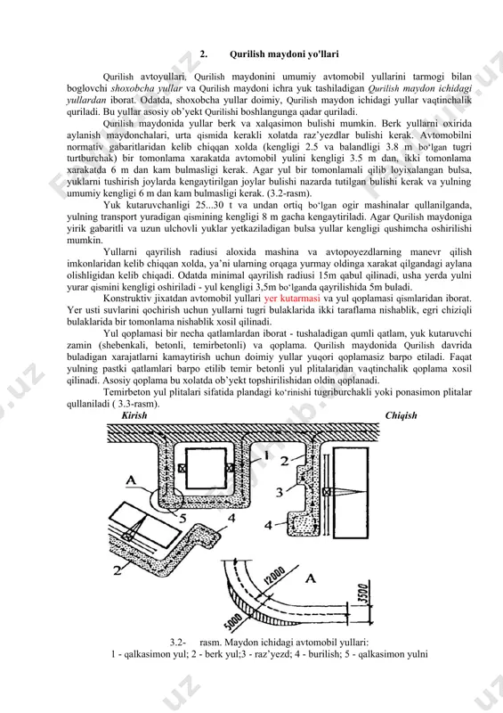 chalik binolar va omborxonalarni sanitar kolatini e’tiborga olgan kolda va ularning uzaro yomon ta’siriga yul kuymaslikni ta’minlab joylashtirish kerak; · vaktinchalik binolar, inshootlar va konstrukqiyalar qurilish maydonidagi doimiy mukandislik tarmoklari va transport kommunikaqiyalariga yakin joylashtiriladi; · yordamchi-xujalik ob’yektlarni joylashtirish uchun joy tanlaganda, ularga kerakli vaktinchalik injener tarmoklari , vaktinchalik yullar va yayov yurish yulkalariga xarajat kam sarf bulishiga erishish kerak; · konstrukqiyalar, materiallar va uskunalarni ochik omborlari montaj kranining karakat zonasida joylashtiriladi; · yokilgi va yonuvchi materiallarning ombori boshka ob’yektlardan kamida 20...30 m narida joylashtiriladi; · konstrukqiya va jikozlarni yiriklashtirish maydoni, yiriklashtirilgan bloklarni montaj zonasiga xavfsiz yetkazilishini ta’minlaydigan joylarda kuriladi; · xizmatchilar binosi, xonalar, vagonchalar - ish yurituvchi, dispetchr, dam olish xonalari, sanitar-xizmat binolari qurilish maydonining kirish kismiga yakinrok joylashtiriladi; · qurilish maydonidagi yullar, aylanma yullar , avtomobillarni burilishi va tuxtab turishi uchun maydonchalar bilan kuriladi; · doimiy mukandislik tarmoklarini umumiy kollektorda, yulni yuradigan kismidan va kranosti yullaridan chetda joylashtirish …