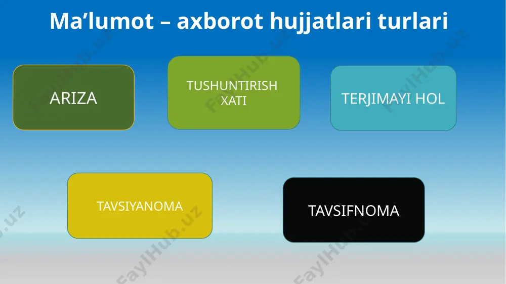 cha tuzuvchi (yozuvchi)ning takliflari aks etadi. bildirishnoma yo’llanishiga qarab ichki bildirishnoma rahbar shaxs yoki bo ‘lim mudiri nomiga yoziladi. u toza qog‘oz varag‘iga qo‘lda, kompyuterda yoki elektron shaklda yozilishi mumkin. bunday bildirish- nomalar muallif tomonidan imzolanadi. tashqi bildirishnoma ya’ni rahbar tomonidan yuqori idoraga yoki mansabdor shaxs­ga yoziladigan bildirishnoma, odatda, xos ish qog'oziga ikki nusxada yoziladi. hujjatning ikkinchi nusxasi muassasaning o ‘zida qoldiriladi. bunday bildirishnoma rahbar tomonidan imzolanadi. namuna 1- ilova toshkent lak-bo‘yoq zavodining direktori q.b. karimovga zavod qaramog‘idagi «quyoshli» bolalar oromgohining boshlig‘i l. komilovadan bolalar oromgohi yotoq binolarining umumiy ahvoli haqida bildirishnoma sizning ko'rsatmangizga binoan, men texnik-nazoratchi s. bakirov bilan birgalikda shu yil 2012-yil 7-8-may kunlari zavod qaramog‘idagi bolalar oromgohi yotoq binolarini tekshirib chiqdim. barcha yotoq binolari qoniqarli ahvolda. biroq 1-binoda deraza oynalarini o‘matish, 2-binoni qisman bo'yash, 3-binoda esa eshiklami ta’mirlash zarur deb hisoblayman «quyoshli» bolalar oromgohi boshlig‘i 2024- yil 12- dekabr jalilova shaxrizoda xulosa xulosa qilib aytganda ma’lumot – …