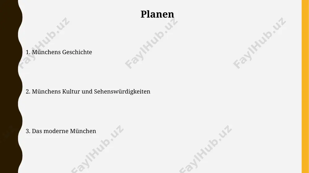 n um durchschnittlich 10% gestiegen sind. moderne architektur und stadtplanung über 100 moderne wohnhochhäuser prägen seit den 1960er jahren das stadtbild münchens und illustrieren die entwicklung der modernen stadtplanung mit dem fokus auf hohe bevölkerungsdichte. münchens olympiapark, erbaut für die spiele 1972, repräsentiert mit seinen futuristischen bauten und großzügigen grünflächen einen meilenstein der modernen architektur und stadtplanung des 20. jahrhunderts. kultur und sehenswürdigkeiten die frauenkirche, mit ihren charakteristischen zwiebeltürmen, ist ein wahrzeichen münchens und bietet besuchern beeindruckende gotische architektur und eine faszinierende geschichte, die bis ins 15. jahrhundert zurückreicht. das deutsche museum, mit über 50 ausstellungsbereichen und über 28.000 exponaten, bietet eine umfassende darstellung der naturwissenschaften und technikgeschichte – ein muss für technikbegeisterte besucher. vielen dank für ihre aufmerksamkeit @taqdimot_robot image1.jpg image2.jpg image3.jpg image4.jpg image5.jpg image6.jpg image7.jpg
