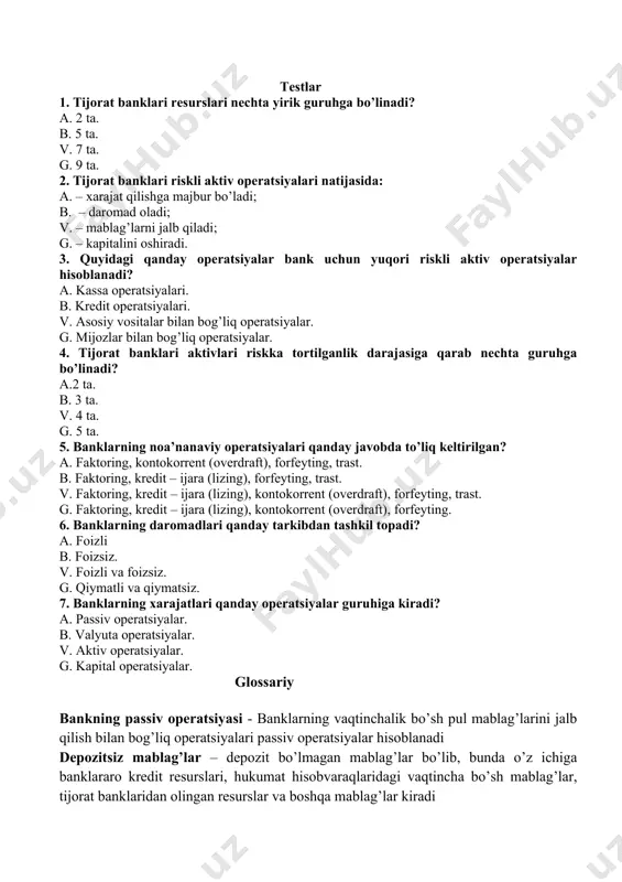 klar mijozlarning topshiriqlariga asosan turli maqsadlarga ularning hisobvaraqlarini debetlash orqali o’tkazadi, shuningdek, ssuda operatsiyalari ham bevosita kredit oluvchining ssuda hisobvarag’ini debetlash orqali amalga oshiriladi. fond operatsiya - banklar qimmatli qog’ozlar bilan operatsiyalar bajarish bilan birga, fond birjalarida oldi – sotdi qilinadigan qimmatli qog’ozlar va veksellar bilan operatsiyalarni amalga oshiradi. kassa operatsiyalari - orqali mijozlarga naqd pullarni berish va ulardan naqd pullarni qabul qilish bilan bog’liq ishlarni amalga oshiradi. kontokorrent operatsiya- mijozlarning banklardagi talab qilib olinguncha saqlanadigan depozit hisobvaraqlari bo’yicha ma’lum miqdorda debet qoldiq (overdraft) qolishiga ruxsat beriladi. investitsiya operatsiya - banklar ho’jalik yurituvchi sub’ektlar va davlatning qimmatli qog’ozlariga moliyaviy mablag’larni joylashtiradi. jalb qilingan mablag’larning manbasi – bu depozitlar bo’lib, bunda chaqirib olinguncha saqlanadigan depozitlar, muddatli depozitlar hamda jamg’arma depozitlar turlarini o’z ichiga oladi tijorat banklari asosiy kapitali - xalqaro bazel andozalariga asosan ustav kapitalining to’langan qismi, muddatsiz nekumulyativ imtiyozli aksiyalar, emission daromad, sof foyda hisobidan shakllantirilgan zaxira summalari va o’tgan …