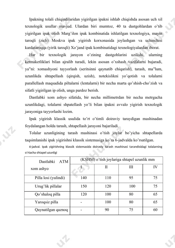 ha tolalarni shtapel uzunligi - 150 dan 60-75 mm gacha asta pasaya boshlaydi va ularni doimiy cho’zilish oralig’igacha ega bo’lgan xalqasimon yigirish mashinasida yigirish mumkin (7-jadval). ipak yigirishning kardotaroq tizimida tolalar gilotin t40 shtapellash mashinasida keskin (jgutdagi) chilvirsimon uzunligi 80 mm li qirqimda shtapellanadi. tolalarning shtapel uzunligi shtapellashning mazkur tizimiga ko’ra chilvirdagi (jgutdagi) tolalarni rostlanishiga, ya‟ni oldindan tarab chiqilishiga bog’liq. bu aralashmada nazariy jihatdan o’rganilganda tolalarnsh uzunligi 80 mm dan ortiq bo’lganlarini miqdori ancha ko’p bo’lib, yigirilgan ip sifatini oshirishga imkon bermaydi. ipak yigirishning taroqli tarash texnologiyasi bo’yicha shtapellash - rs-260 tolalarni nazoratsiz uzib aralashtirish mashinasida bajariladi, bunda shtapellar uzunligi ularning mexanik pishiqligini kamaytiruvchi nuqsonlarning miqdoriga bog’liq. shunday qilib, shtapellangandan keyin tabiiy ipakning chiqindilari turli uzunlikdagi tolalar aralashmasidan iborat bo’ladi, unda kalta tolali fraksiya ham bo’ladi, ularning bir qismi ishlov berish paytida chiqindiga chiqib ketadi, hamda uzun toladorlilar ham bo’ladi, bulardan yigirilgan ip olinadi. kalta tolalarning miqdorining nisbatan ko’proq mavjud …
