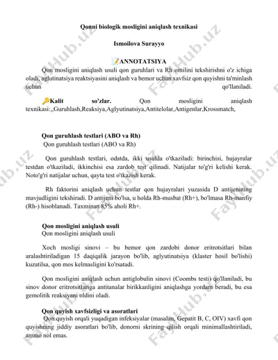 qonni biologik mosligini aniqlash texnikasi — DOCX