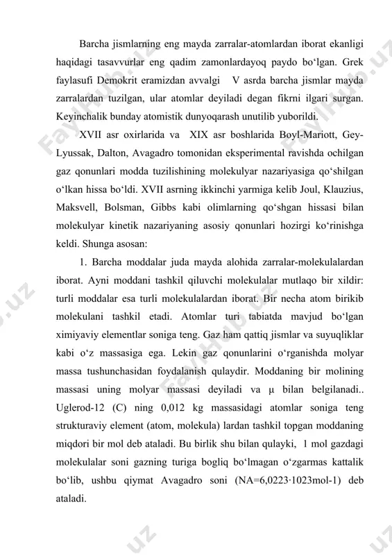 in gaz qonunlarini o‘rganishda molyar massa tushunchasidan foydalanish qulaydir. moddaning bir molining massasi uning molyar massasi deyiladi va μ bilan belgilanadi.. uglerod-12 (c) ning 0,012 kg massasidagi atomlar soniga teng strukturaviy element (atom, molekula) lardan tashkil topgan moddaning miqdori bir mol deb ataladi. bu birlik shu bilan qulayki, 1 mol gazdagi molekulalar soni gazning turiga bogliq bo‘lmagan o‘zgarmas kattalik bo‘lib, ushbu qiymat avagadro soni (na=6,0223∙1023mol-1) deb ataladi. bitta molekulaning massasi m bo‘lsa, avagadro soni orqali molyar massa quyidagi ifodagi ega bo‘ladi: mos ravishda n ta molekuladan tashkil topgan gazning massasi: bu ikki massaning nisbatidan v hajmdagi molekulalarning sonini aniqlaymiz: demak, biror hajmdagi molekulalarning sonini aniqlashda gaz massasining m/µ nisbiy, ya’ni mollar sonini bilish kifoyadir. ravshanki, n ta gaz molekulasi egallangan hajm ma’lum bo‘lsa, birlik hajmdagi molekulalar soni uning konsentratsiyasi deyiladi va bu kattalik orqali aniqlanadi. avagadro soni yordamida molekulalarning kattaligini va absolyut massalarini hisoblash mumkin. masalan, 1sm3 suvni olaylik. uning …