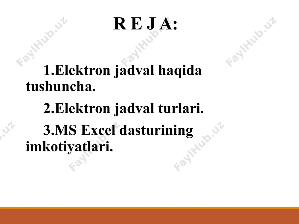 al, elektron jadval muharriri kabi nomlar bilan yuritila boshladi. elektron jadval haqida tushuncha elektron jadvallar yordamida turli iqtisodiy buxgalterlik va injenerlik hisob-kitoblarini bajarish, turli ko‘rinishishdagi diagrammalarni yaratish, murakkab iqtisodiy tahlil o‘tkazish, turli xo‘jalik vaziyatlarini modellashtirish va optimal yechimini topish mumkin va x.k. jadval protsessorlarining vazifalari - elektron jadvallarni yaratish va tahrir qilish; - elektron jadvallarni bezash va chop etish; - formulalar orqali bog’langan ko‘p jadvalli vazifalar yaratish; - diagrammalarni yaratish, ularni o‘zgartirish va iqtisodiy masalalarni grafik usullarda yechish; - elektron jadvallar bilan ma’lumot bazasi kabi ishlash jadvallarni saralash, ma’lumotlarni so‘rovga muvofiq tanlash; - jamlovchi va yakuniy jadvallar yaratish; jadval protsessorlarining vazifalari - jadvallar ko‘rinishida tashqi ma’lumot bazasi ma’lumotlaridan foydalanish; - optimizatsiya masalalarini yechish; - ma’lumotlarni statistik qayta ishlash; - slayd-shou yaratish; - makrokomandalar yaratish, ishlash muhitini foydalanuvchi ehtiyojiga moslashtirish va x.k. elektron jadval turlari xozirgi paytda ularning bir necha turlari mavjud: visicalc birinchi elektron jadval dasturi (1979y) supercalk, (1980y) lotus …
