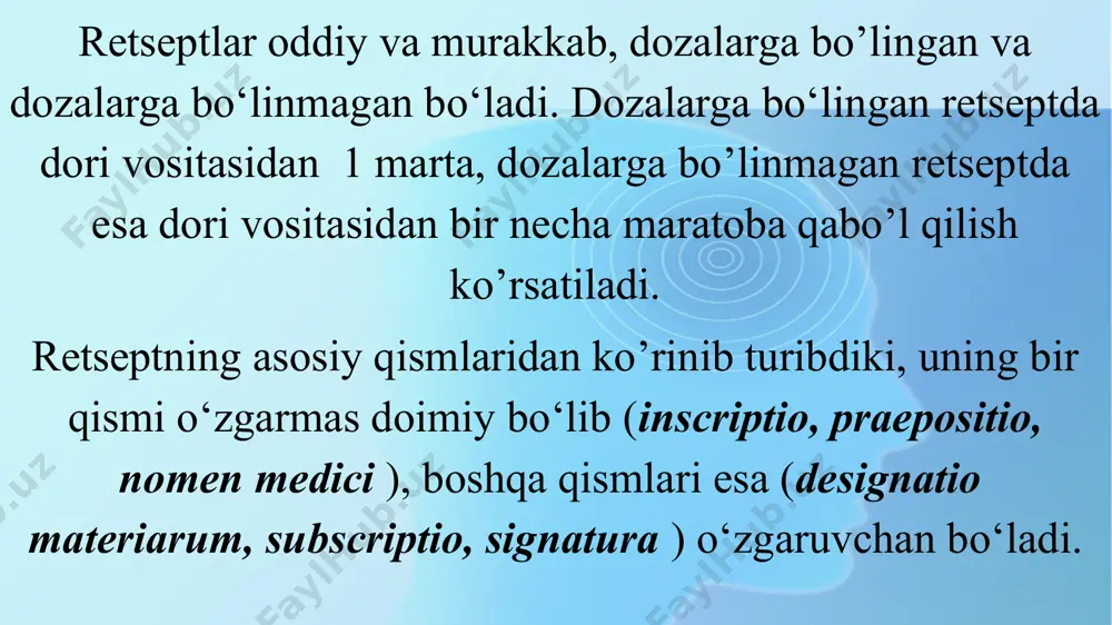 nishda asosan kukun, tabletka va ampuladagi eritmalar shaklidagi ofisinal dori vositalari yoziladi. 4-shakl. murakkab dozalarga bo‘lingan retsept rp.: ___________________ ___________________ m.f________________ d.t.d. n ____________ s. _______________ rp.: sulfodimezini streptocidi albi aa 3.0 extracti et pulveris radicis taraxaci q.s ut fiat pilula d.t.d.n 4 s. ichga, 1 ta pilyuladan har kuni 2 maxal non bilan. murakkab dozalarga bo‘lingan retsept bu ko’rinishdagi retseptlarda kukun, pilyula va xab dori shakllari yozib beriladi. yuqorida ko‘rsatib utilgan 4 tala retsept shakllari dispenzasion (ko‘paytirish) usulida yoziladi. 5-shakl. murakkab divizion (bo‘linish) rp.: ___________________ _________________ m.f________ n ____ d. s____________ misol uchun: rp.: streptocidi albi sulfadimezini aa – 30,0 farinae secalinae et aquae destillatae q.s. m.f boli n 3 d.s. ichga, xar kuni 1 xab doridan 3 maxal. murakkab divizion (bo‘linish) usulida yozilgan retsept. bu ko‘rinishdagi retseptlarda kukun, xab dori va pilyula dori shakllari yozib beriladi. retseptlar yozilishida dorining lotincha nomlari qisqartma so‘zlar bilan ko‘rsatilishi mumkin. bunday paytlarda …