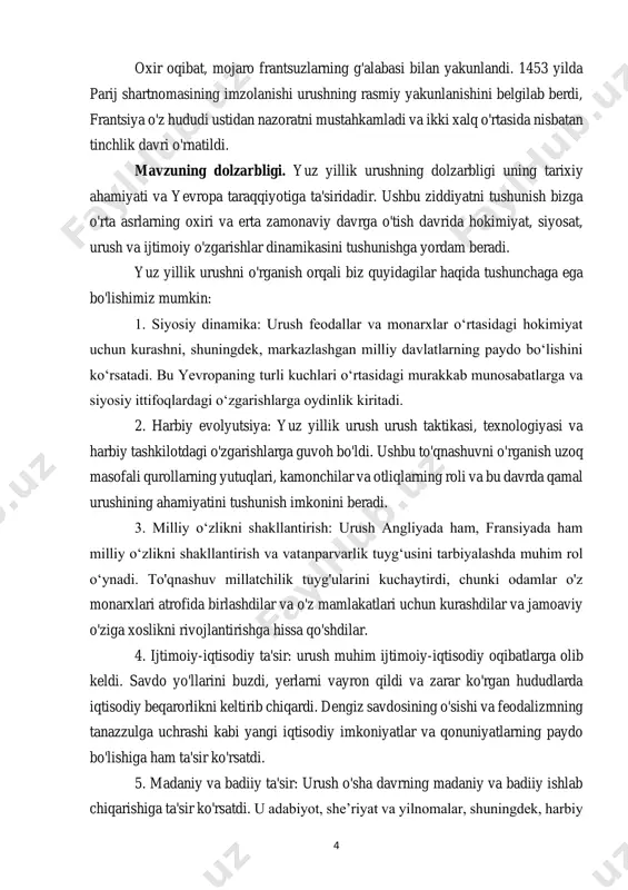 asrlarga ta'sirini yoritadi. kurs ishining maqsadi va vazifasi: yuz yillik urush bo'yicha kurs ishining maqsadi va vazifasi odatda akademik darajaga, o'ziga xos kurs talablariga va o'qituvchi tomonidan qo'yilgan maqsadlarga qarab o'zgaradi. biroq, men bunday kurs ishida duch kelishi mumkin bo'lgan maqsad va potentsial vazifalarning umumiy tavsifini taqdim eta olaman: maqsad: 1. tarixiy tahlil: kurs ishi yuz yillik urushni muhim tarixiy voqea va uning yevropaga ta’siri haqidagi tushunchangizni chuqurlashtirishga qaratilgan. 2. tadqiqot ko'nikmalari: u sizning tadqiqot qobiliyatingizni, jumladan, urush bilan bog'liq asosiy va ikkilamchi manbalarni topish va baholash qobiliyatini rivojlantiradi. 3. tanqidiy fikrlash: urush atrofidagi turli nuqtai nazarlar, talqinlar va tarixiy bahslarni tahlil qilish orqali tanqidiy fikrlashga undaydi. 4. muloqot ko'nikmalari: bu aniq va izchil yozish orqali tarixiy bilimlarni samarali muloqot qilish qobiliyatingizni oshiradi. potentsial vazifalar: 1. xronologik sharh: yuz yillik urushning asosiy voqealari, janglari va muhim burilish nuqtalari haqida batafsil xronologik ko‘rinishni taqdim eting. 2. sabablar va motivlar: urushning boshlanishi …