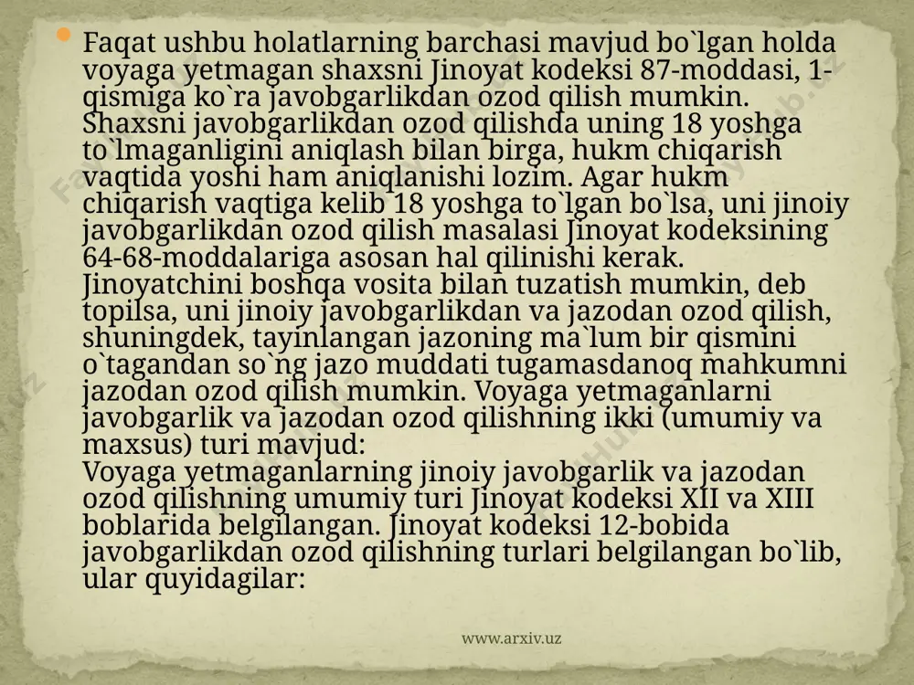 gan davrda yo`l harakati qoidalarini buzgan; jamiyatga qarshi boshqa xatti-harakatlar sodir etgan; umumiy o`rta, o`rta maxsus, kasb-hunar ta`limi, ta`lim muassasalarida (umumiy ta`lim maktablari, akademik litseylar va kasb-hunar kollejlarida) o`qishdan bosh tortgan; jamiyat uchun katta xavf bo`lmagan jinoyat sodir etganida tergovchi yoki prokurorning qarori yoxud sud ajrimi asosida javobgarlikdan ozod qilingan; o`zbekiston respublikasining ma`muriy javobgarlik to`g`risidagi kodeksida nazarda tutilgan tartibda ma`muriy huquqbuzarlik sodir etgan voyaga yetmagan shaxslar to`g`risidagi ishlarni ko`rib chiqish vazifasi yuklanadi. www.arxiv.uz basharti jarima solingan shaxs ishlamayotgan bo`lsa yoki solingan jarimani boshqa sabablarga ko`ra uning ish haqidan yoki boshqa maoshidan, nafaqa yoki stipendiyasidan undirib olishning iloji bo`lmasa, jarima komissiyaning qarori asosida undiruvni huquqbuzarning shaxsiy mol-mulkiga, shuningdek, umumiy mulkdagi uning ulushiga qaratish yo`li bilan tuman (shahar) sudi sud ijrochisi tomonidan undirib olinadi. voyaga yetmagan shaxslar maxsus maktab-internatlarda 15 yoshga yetguncha saqlanadilar, maxsus kasb-hunar kollejlarida esa, 18 yoshga yetgunga qadar saqlanadilar. favqulodda hollarda bunday o`quvchilarni maxsus maktab-internatlarda saqlash muddati ular 16yoshga …