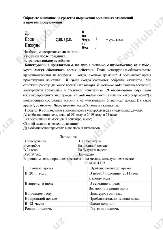 т.д.: вечером мы пойдем в театр. завтра мы встретимся снова. б) существительными в родительном падеже с предлогами во время, в течение, до, после: я встретился с преподавателем до начала занятий. он трудился с утра до вечера. после лекций мы с другом пошли в кино. в) существительными в винительном падеже с предлогами в, через: мы встретимся с друзьями в субботу. через месяц состоится экзамен. г) существительными в предложном падеже с предлогами при, на: на следующей неделе мы пойдем в театр. y o d d a s a q l a n g, vaqt ma’nosi: a) payt ravishlari bilan; б) во время, в течение, до, после qo‘shimchalar bilan kelgan qaratqich kelishigida-gi otlar bilan; в) в, через qo‘shimchalar bilan kelgan tushum chiqish kelishigidagi ot bilan; г) при, на qo‘shimchalari bilan kelgan chiqish kelishigi-dagi ot bilan ifodalanadi. обратите внимание на средства выражения временных отношений в простом предложении необходимо встретиться до занятий. увидимся после праздника. …