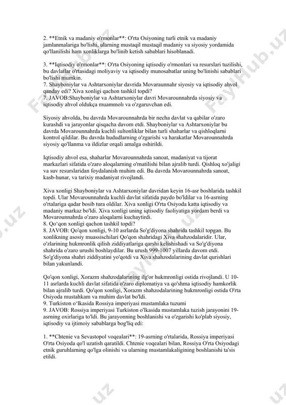 iga xos jihatlari, o'zbekistonning xalqaro meneviyati, madaniy merosining saqlanishi va rivojlanishi, shuningdek, mamlakatning bugungi shakli va xususiyatlari ustuvor ahamiyatga ega. 6. vatanimiz tarixida mustaqillik uchun kurashgan tarixiy shaxslar kimlar?o‘rta osiyoning xonliklarga bo‘linib ketishi, uning sabab va oqibatlari 6. javob: vatanimiz tarixida mustaqillik uchun kurashgan bir nechta tarixiy shaxslar bor. bu shaxslar o'zbek xalqining istiqlol uchun kurashlarida o'zlarini ko'rsatganlar: 1. **amir temur**: boshqa davlatlarni uning xonligi ostida biriga birlashtirgan va o'zining imperiyasini qurishiga ko'maklashgan. u o'zbekiston hududlarida uning adolati va qudrati kabi xususiyatlari bilan taniladi. 2. **islom karimov**: o'zbekistonning birinchi prezidenti sifatida, islom karimov o'zbek xalqining mustaqillikka erishish uchun katta ro'ol o'ynagan. uning davlat sifatidagi xarakteri va politikasi o'zbek milliy identitetini saqlash va davlatning mustaqilligini ta'minlashda katta ahamiyatga ega bo'ldi. 3. **muhammad zahiriddin babur**: o'zbekistonning buyuk tarixiy shaxslaridan biri. u mog'ul imperiyasini qurib, uning davlatini hindiston hududlariga keltirgan va uning tarixiy to'plarini yaratgan. bu jarayonlarda o'zbekistonning o'zining roli katta edi. 4. …
