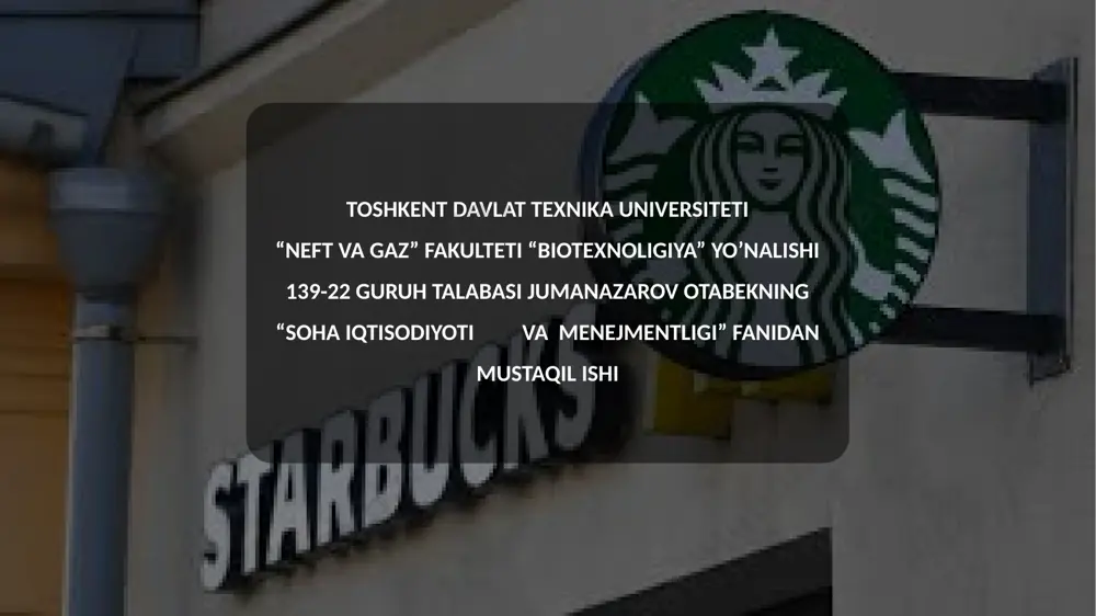 rli mahsulotlarni, jumladan, qahva asosidagi ichimliklar va maxsus menyularni taklif qildi. 2000-yillarning o‘rtalariga kelib, starbucks global bozorga kengayib, xitoy, yaponya va evropada o‘zining kafelarini ochdi. covid-19 pandemiyasi starbucksni yangi sharoitga moslashishga majbur qildi. kompaniya onlayn buyurtmalarni ko‘paytirish va yetkazib berish xizmatlarini kengaytirish bilan shug‘ullandi. pandemiya davrida starbucks raqamli xizmatlarini rivojlantirishga katta e'tibor berdi va mijozlar uchun yangi ilovalar, masofaviy ishlash imkoniyatlarini taqdim etdi. starbucks kompaniyasining asosiy mahsulotlari sog‘lom va maxsus dietalar uchun mahsulotlar starbucks reserves sodiqlik va raqamli xizmatlar qahva va qahva ichimliklari alkohol va alkogolsiz ichimliklar tashqi mahsulotlar va uy uchun mahsulotlar issiq va sovuq ichimliklar nonushta va ovqatlar qahva va qahva ichimliklari starbucksning eng asosiy mahsuloti bu qahva va qahva ichimliklaridir. kompaniya butun dunyo bo‘ylab sifatli arabika qahvasini yetkazib beradi. qahva mahsulotlari turli xil bo‘lib, mijozlar o‘zlari xohlaganicha tanlashi mumkin. asosiy qahva turlari: espresso va espresso asosidagi ichimliklar (cappuccino, latte, americano, mocha) filter qahva (brewed coffee) frappuccino (muzlatilgan …