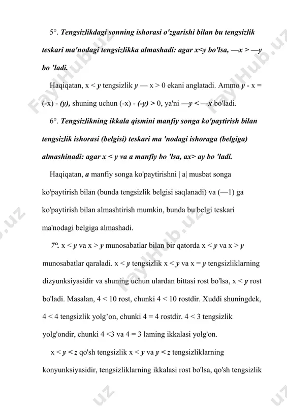 i to'plami bitta a sondan iborat, t= {a}. shuning uchun tenglamalarni yechishda ular sodda ko'rinishga ega bo'lgan teng kuchli tenglamalar bilan almashtiriladi, bu almashtirish x=a tenglamaga yoki shunday tenglamalar dizyunksiyasi x = a1 u x = a2 u ux = an ga kelguncha davom ettiriladi. u holda berilgan tenglamaning yechimlari to'plami t = {a1; a2; ...; an} bo'ladi. ba'zan berilgan tenglamadan unga teng kuchli tenglamaga emas, uning natijasiga o'tishga to'g'ri keladi. bunda yechimlar to'plami kengayadi, shuning uchun oxirida topilgan hamma ildizlarni berilgan tenglamaga qo'yib, tekshiriladi. a ", " 13 deganda, 4 ta o'nlik 1 ta o'nlikdan katta degan mazmunda tushuntiriladi. "katta", "kichik", "teng" munosabatlarining mazmunini tushuntirishdagi muhim qadam taqqoslanayotgan narsalar soni ikkinchisiga nisbatan nechta ortiqligini, kamligini aniqlashga o’rgatish va shu asosida narsalar sonini ikki usul bilan tenglashtirishga doir mashqlarni bajarishdan iborat. o'qitishning boshidanoq aniq misollarda tenglik va tengsizlik munosabatlari orasidagi bog'lanishni arifmetik amallar orqali ochib berish muhimdir: kvadratlar va uchburchaklar …