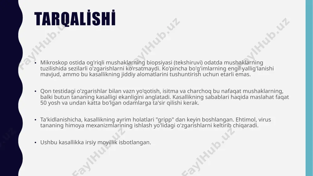 qo'llab-quvvatlovchi terapiya davrida preparatni bekor qilishda relaps xavfini kamaytirish uchun gcni qabul qilishdan kerakli kümülatif ta'sirga erishish muhimdir. doz to'liq bekor qilinmaguncha kamayadi, lekin asta-sekin. palindromik revmatizm palindromik revmatizm surunkali kasallik bo'lib, bemorning umumiy holatini buzmasdan bir yoki bir nechta bo'g'imlarning ko'chib yuruvchi vaqtinchalik artritining takroriy qisqa muddatli hujumlari bilan namoyon bo'ladi. katta bo'g'inlar ham, oyoq va qo'llarning bo'g'imlari ham yallig'lanish o'zgarishlariga duch kelishi mumkin. palindromik revmatizm diagnostikasi kasallikning tipik klinik belgilari va xususiyatlariga, shuningdek laboratoriya tekshiruvlari, ultratovush va qo'shma rentgenografiya ma'lumotlarida sezilarli o'zgarishlar yo'qligiga asoslanadi. palindromik revmatizmni davolash steroid bo'lmagan yallig'lanishga qarshi dorilar, kolxitsin, penitsillamin, oltin preparatlari bilan amalga oshiriladi. ammo, aksariyat hollarda terapiya paytida palindromik revmatizmning yangi hujumlari paydo bo'lishining oldini olish mumkin emas. umumiy ma'lumot palindromik revmatizm 1944 yilda revmatologiyada tasvirlangan. mualliflar tomonidan kiritilgan "palindromik" atamasi yunoncha "orqaga yugurish" degan ma'noni anglatadi, bu kasallikning doimiy takrorlanuvchi xususiyatini ta'kidlaydi. kasallik "revmatizm" nomini uning klinik ko'rinishining revmatizm bilan o'xshashligi …