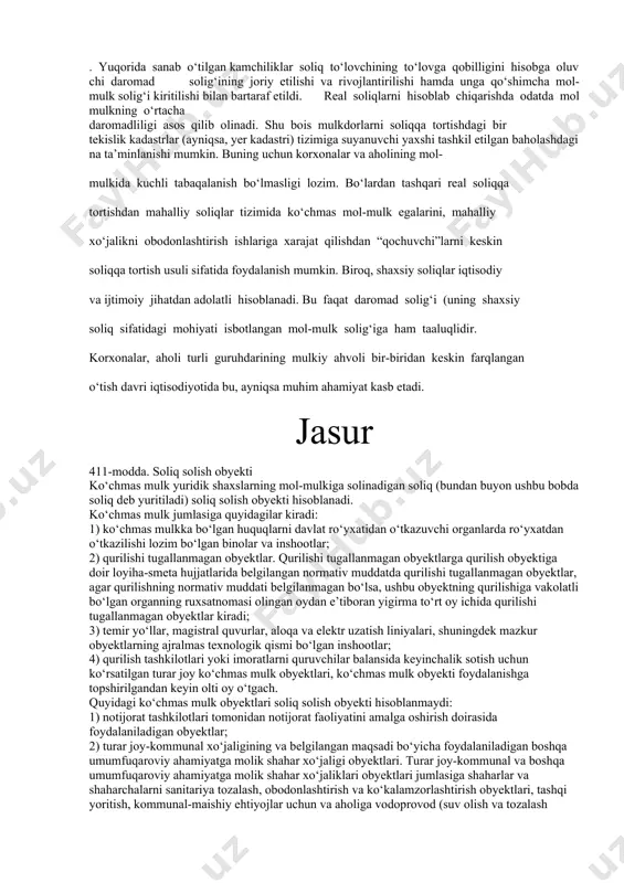 lgan baholashdagina ta’minlanishi mumkin. buning uchun korxonalar va aholining mol- mulkida kuchli tabaqalanish bo‘lmasligi lozim. bo‘lardan tashqari real soliqqa tortishdan mahalliy soliqlar tizimida ko‘chmas mol-mulk egalarini, mahalliy xo‘jalikni obodonlashtirish ishlariga xarajat qilishdan “qochuvchi”larni keskin soliqqa tortish usuli sifatida foydalanish mumkin. biroq, shaxsiy soliqlar iqtisodiy va ijtimoiy jihatdan adolatli hisoblanadi. bu faqat daromad solig‘i (uning shaxsiy soliq sifatidagi mohiyati isbotlangan mol-mulk solig‘iga ham taaluqlidir. korxonalar, aholi turli guruhdarining mulkiy ahvoli bir-biridan keskin farqlangan o‘tish davri iqtisodiyotida bu, ayniqsa muhim ahamiyat kasb etadi. jasur 411-modda. soliq solish obyekti ko‘chmas mulk yuridik shaxslarning mol-mulkiga solinadigan soliq (bundan buyon ushbu bobda soliq deb yuritiladi) soliq solish obyekti hisoblanadi. ko‘chmas mulk jumlasiga quyidagilar kiradi: 1) ko‘chmas mulkka bo‘lgan huquqlarni davlat ro‘yxatidan o‘tkazuvchi organlarda ro‘yxatdan o‘tkazilishi lozim bo‘lgan binolar va inshootlar; 2) qurilishi tugallanmagan obyektlar. qurilishi tugallanmagan obyektlarga qurilish obyektiga doir loyiha-smeta hujjatlarida belgilangan normativ muddatda qurilishi tugallanmagan obyektlar, agar qurilishning normativ muddati belgilanmagan bo‘lsa, ushbu …