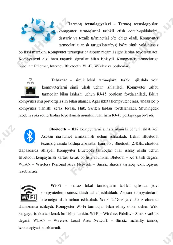 og’iga ulangan kompyuter, internetga ulangan boshqa kompyuter tarmoqlari yoki kompyuterlar bilan axborot lmashinadi yoki turli xil xizmatlardan foydalanadi. har bir internetga ulangan kompyuter o’z navbatida lokal, mintaqaviy va global tarmoqlarni bir nechtasiga ulangan bo’ladi. internet tarmoqlar aro ishlaydi, o’z ichiga ko’plab kompyuter tarmoqlarini oladi. internetga ulanish to’g’ridan to’g’ri amalga oshirilmaydi. sabab butun dunyoni tarmoqlar bilan qoplash oson ish emas va qimmatga tushadi. shuning uchun internetga ulanish telefon tarmog’i orqali amalga oshiriladi. telefon analog signallar bilan ishlaydi, kompyuter esa raqamli signallar bilan ishlaydi. kompyuterni shundayligicha telefon tarmog’iga ulab bo’lmaydi. ulashimiz uchun modem qurilmasi kerak bo’ladi. modem qisqartmasi modulator va demodulator so’zlaridan tashkil topgan. modulator – raqamli signalni analog signalga aylantirish va demodulator – analog signalni raqamli signalga aylantirishdir. shu ikki vazifani modem amalga oshiradi. modem so’zi mo – modulator va dem – demodulator so’zlarining qo’shilmasidir. turli modemlar internetga turli xil ulanish texnologiyasiga ega bo’ladi. misol: adsl, vdsl, dial-up va boshqa texnologiyalarda …