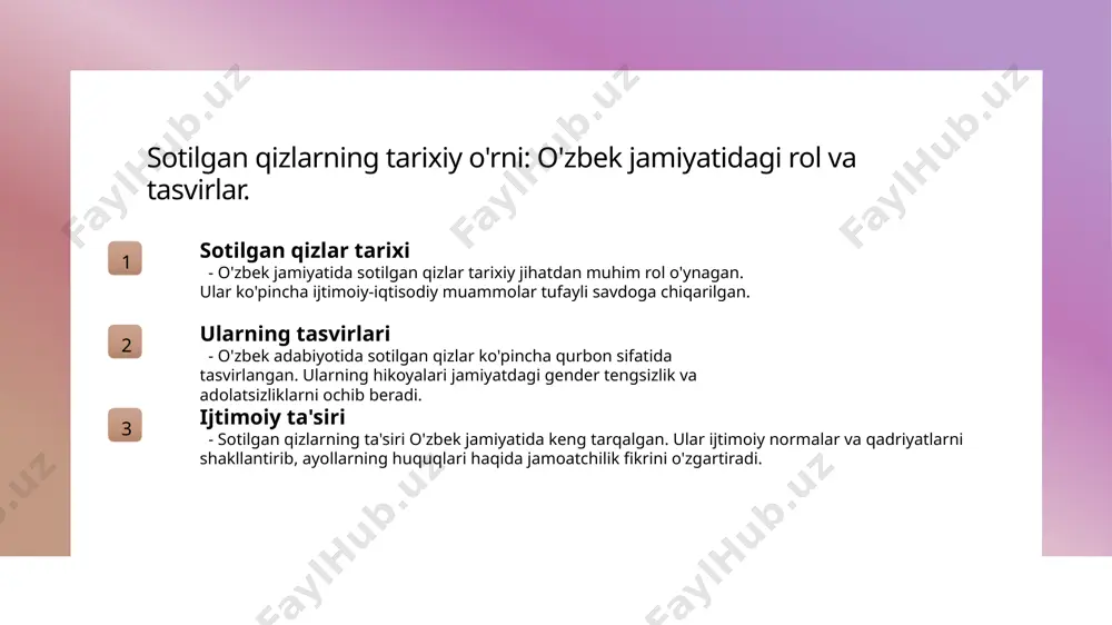 ynagan. ular ko'pincha qahramon sifatida yoki kurashuvchi obrazlar sifatida tasvirlanadi. 02 gender stereotiplar o'zbek adabiyotida gender stereotiplar ko'plab asarlarda namoyon bo'ladi. ayollar ko'pincha zaif va muhtoj sifatida ko'rsatiladi, bu esa ularning haq-huquqlarini cheklaydi. 03 ularni yengish zamonaviy yozuvchilar gender stereotiplarni yengish uchun ayollarning kuchli qahramonligini va mustaqilliklarini ta'kidlaydilar, yangi hikoyalar yaratadilar. 04 ayollar ovozi o'zbek adabiyotidagi ayollarning ovozi, inson savdosi va gender tengligi masalalarini ko'taradi. bu, ayollarning muammolarini ochish va ularni hal etish yo'lida muhimdir. sotilgan qiz qismati: adabiyot orqali gender masalalariga yondashuv. 1 adabiyot va inson savdosi - o'zbek adabiyotida inson savdosi, ayollarning og'ir taqdirini ochib beradi va jamiyatda gender tengsizligini ko'rsatadi. 2 ayollar va qahramonlik - sotilgan qizlarning hikoyalari, ayollarning kuchi va sabr-toqatini namoyish etadi, ularni qahramon sifatida tasvirlaydi. 3 madaniyatdagi rol - o'zbek madaniyatida, sotilgan qizlar orqali gender masalalari yoritilib, an'anaviy va zamonaviy qadriyatlar o'rtasidagi ziddiyatlar ko'rsatiladi. o'zbek adabiyotida inson savdosi: ayollarning ovozi va hikoyalari. 01 o'zbek …