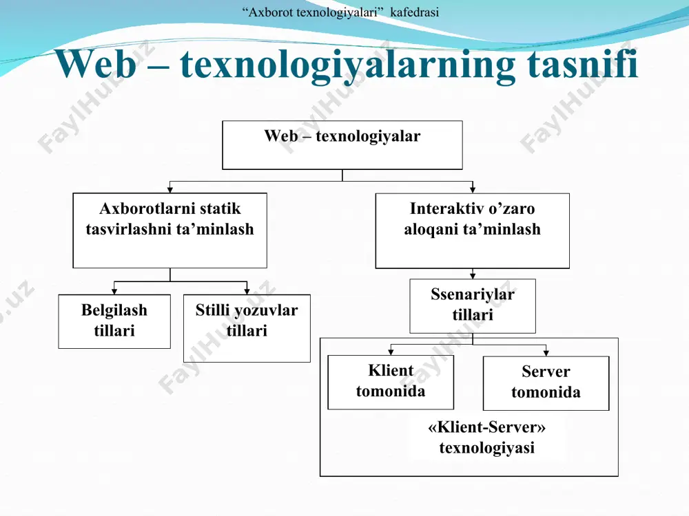 ari 1david watson and helen williams, computer science, ® igcse is the registered trademark of cambridge international examinations, 2014. “axborot texnologiyalari” kafedrasi har qanday html-hujjat 3 asosiy qismdan iborat: html e`loni; sarlavha qismi; hujjat tanasi; html hujjatlar strukturasi “axborot texnologiyalari” kafedrasi sahifa sarlavhasi bu erda sahifaning asosiy(tana) qismi bo’ladi: html hujjatlar strukturasi “axborot texnologiyalari” kafedrasi * teg (tag)– ob`ektlarni ko’rsatish uchun brauzerga beriladigan ko’rsatma(buyruq). teglar o’zida ma`lumotlarni formatlash, joylashtirish va ularning xususiyatlari to’g’risidagi asosiy ma`lumotlarni saqlaydi. teglar oddiy matndan ajralib turishi uchun (katta, kichik) belgilari orasida yoziladi. har bir teg o’z nomiga ega. html teglari “axborot texnologiyalari” kafedrasi html-fayl = matn + теги (buyruqlar) менинг саҳифам ҳужжат танаси yangi abzats gipermurojaat misol “axborot texnologiyalari” kafedrasi html tilida ishlatiladigan asosiy ranglar nolmi va kodi “axborot texnologiyalari” kafedrasi black #000000 maroon #800000 silver #c0c0c0 red #ff0000 grey #808080 purple #800080 white #ffffff green #008000 fuchsia #ff00ff navy #000080 lime #00ff00 blue #0000ff …