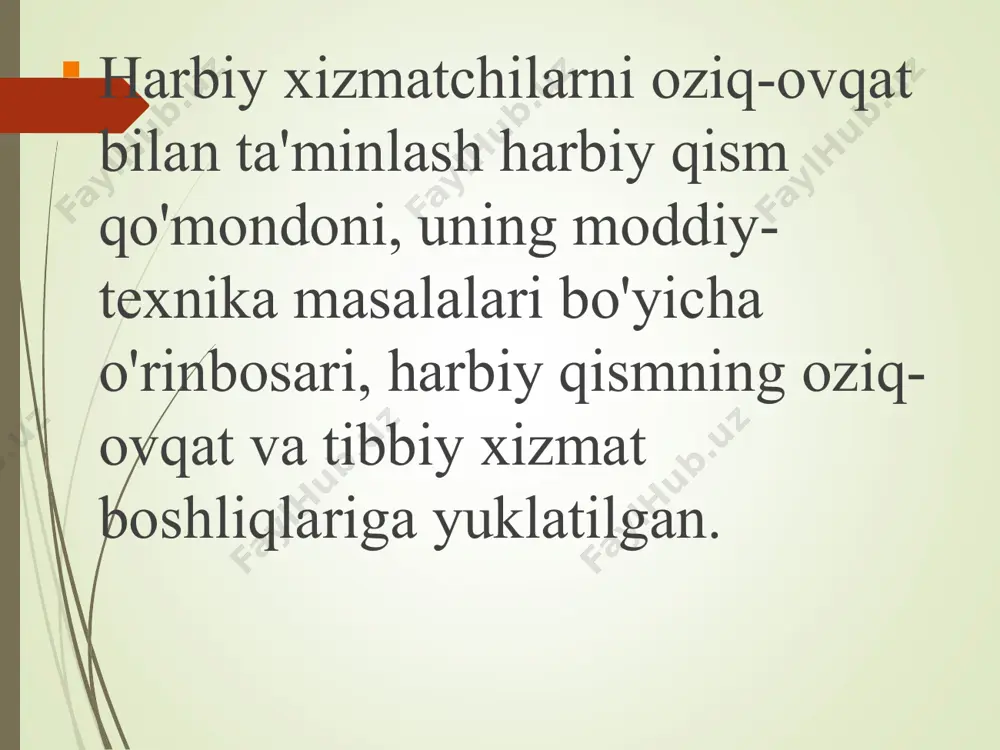 sh uchun zarur bo'lgan tibbiy xizmat. shu maqsadda vitaminlar chiqarildi, xodimlarga nafaqa normalarini etkazib berishning to'liqligi, kelayotgan mahsulotlarning sifati, harbiy oshxonalarning sanitariya holati va muassasalardagi ishchilarning sog'lig'i nazorat qilindi. oziq-ovqat ob'ektlari xodimlarini bakteriologik tekshirish oyiga 3-4 marta o'tkazildi, bu esa epidemiya xavfi bilan bog'liq edi. ommaviy qirg'in qurollaridan himoya qilish - tegishli idishlar va qadoqlash infektsiyadan himoya qilish qobiliyatiga ko'ra, u an'anaviy ravishda 3 toifaga bo'linadi: eng yuqori - metall qutilar, shisha idishlar, alyuminiy naychalar bilan ta'minlangan. 1-chi - polietilen astarli sumkalar, yog'och bochkalar, karton qutilar va polietilen astarli qog'ozli paketlar. 2-chi - bitta qatlamli polimer plyonkalarning to'plamlari. * dezinfektsiya - metall. konteynerlar 20% sodali suvda, stakanda konservalar konteynerlar oqartgichning 3% eritmasiga botiriladi, yog'och idishlar 20% oqartirish eritmasi bilan sug'oriladi. degassatsiya (om bug'lari) - shamollatish, sirt qatlamini olib tashlash orqali. agar urilsa tomchilatib suyuq om - mahsulotlar yo'q qilinadi. zararsizlantirish - ko'p miqdordagi mahsulotlar uchun sirt qatlamini olib tashlash yoki …