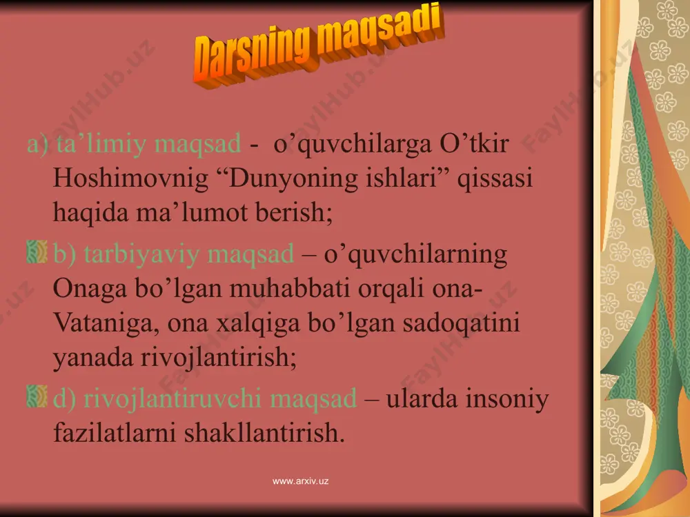 “dunyoning ishlari” qissasi nechanchi yillarda yozilgan? a. 1979-1980-yillarda b. 1980-1981-yillarda d. 1981-1982-yillarda c. 1979-1982-yillarda www.arxiv.uz www.arxiv.uz test 3 2. adibning hikoyalari berilgan qatorni toping? a. “nur borki, soya bor”, “ikki eshik orasi” b. “ikki karra ikki besh”, “bahor qaytmaydi” d. “urushning so’nggi qurboni”’ “muhabbat”. c. “tushda kechgan umrlar”, “to’ylar muborak” www.arxiv.uz www.arxiv.uz yangi mavzu aziz o’quvchilar bugun biz adibning “dunyoning ishlari” qissasi haqida gaplashamiz. bu asar haqida gaplashar ekanmiz, biz uchun dunyoda eng aziz, eng ulug’ bo’lgan insonni ko’z oldimizga keltiraylik. bu bizning – onamiz(hamma birdan). www.arxiv.uz www.arxiv.uz adib fikri zero adib ham asarni boshlamay turib shunday yozadi: bu qissa katta-kichik novellalardan iborat. biroq ularning barchasida men uchun eng aziz odam – onam siymosi bor. bundagi odamlarning hammasini o’z ko’zim bilan ko’rganman. faqat ba’zilarining ismi o’zgargan, xolos. bu odamlarning qismati ham qaysidir jihati bilan onamga bog’langan. www.arxiv.uz www.arxiv.uz adib fikri dunyodagi hamma onalar farzandiga munosabat bobida bir-biriga juda o’xshaydi. bas, …
