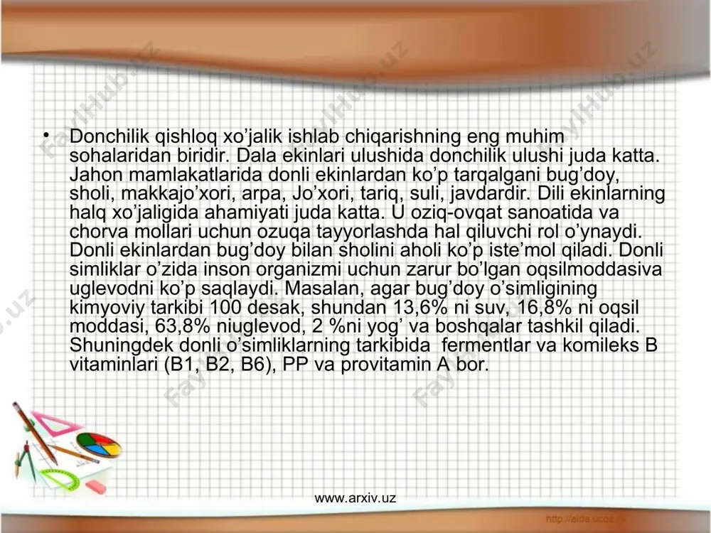 yuqori hosil olinmoqda. yerni vaqtida haydash, o’simlik navlari muayyan sharoitga maqbul rayonlashtirish, o’simlikka o’g’it, suv ishlov berishning optimal variantlaridan foydalanish samara bermoqda. www.arxiv.uz www.arxiv.uz www.arxiv.uz www.arxiv.uz bahorgi ekinlar bahorikor donchilik dunyo dehqonchiligida salmoqli urin tutadi. unga bahori bug’doy, bahorgi arpa, bahori suli kiradi. yuqorida qayd qilinganidek, bu ekinlarning kuzgi ekiladigan navlari ham bor. shuningdek , bahori donli ekinlarga grechixa, tariq, javdar, makkajo’xori, jo’xori, sholi: don-dukkakli ekinlardan nuxat yasmiq, nut, loviya, soya: bahori moyli ekinlarga kungaboqar, maxsor, soya, kunjut, kanakunjut, kuknori: bahori lub tolali ekinlarga zig’ir, kanop, paxta va boshqalar kiradi. www.arxiv.uz www.arxiv.uz www.arxiv.uz www.arxiv.uz bahorgi bug’doy bahorgi bug’doy dunyo dehqonchiligida juda keng tarqalgan qimmatbaho donli ekindir. u shimoliy qutb doirasidan tortib, toki afrika va amerikaning eng janubiy chegaralarigacha yetishtiriladi. bahorgi bug’doy o’zbekistonning samarqand, toshkent, sirdaryo, buxoro va surxondaryo tumanlarining tog’ bilan tutash zonalarida-to’lqinsimon past-balandliklarda, lalmikor yerlarga ekiladi. bahori bug’doyning buyi past, boshog’i va doni maydaroq bo’lib, ancha sekin to’planadi va …