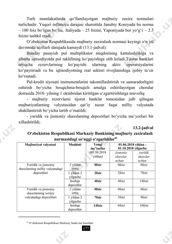 yilgacha bo‘lgan dep.u-n.15 foiz, 1 yildan 3 yilgacha bo‘lgan depozitlar uchun 12foiz 10,5foiz miliiy valuta singari 84 o‘zbekiston respublikasi markaziy banki ma’lumotlari turli mamlakatlarda qo‘llanilayotgan majburiy zaxira normalari turlichadir. yuqori inflatsiya darajasi sharoitida janubiy koreyada bu norma – 100 foiz bo‘lgan bo‘lsa, italiyada – 25 foizni, yaponiyada bor yo‘g‘i – 2.5 foizni tashkil etadi. o‘zbekiston respublikasida majburiy zaxiralash normasi keyingi o‘n yil davomida sezilarli darajada kamaydi (13.1-jadval). bunday pasayish pul multiplikator miqdorining kattalashishiga va albatta iqtisodiyotda pul taklifining ko‘payishiga olib keladi.tijorat banklari ortiqcha rezervlarining ko‘payishi ularning aktiv operatsiyalarini ko‘paytiriadi va bu iqtisodiyotning real sektori rivojlanishiga ijobiy ta’sir ko‘rsatadi. pul-kredit siyosati instrumentlarini takomillashtirish va samaradorligini oshirish bo‘yicha bosqichma-bosqich amalga oshirilayotgan choralar doirasida 2018- yilning 1 oktabridan kiritilgan o‘zgartirishlarga muvofiq: · majburiy rezervlarni tijorat banklar tomonidan jalb qilingan majburiyatlarning valyutasidan qat’iy nazar faqat milliy valyutada shakllantirish bo‘yicha tartib o‘rnatildi; · yuridik va jismoniy shaxslarning depozitlari bo‘yicha me’yorlari bir xillashtirildi; 13.2-jadval o‘zbekiston respublikasi …