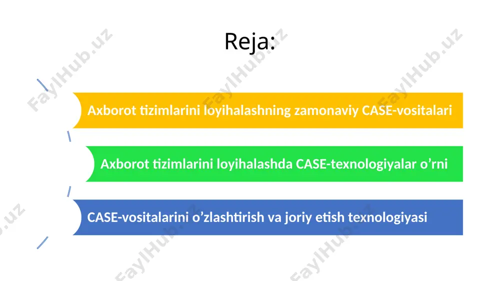 htrilmagan edi, ushbu jarayonni avtomatlashtirish, axborot tizimlarini yaratish va joriy etish maqsadi case-vositalarini yaratilishiga asosiy sabab bo’ldi. case-vositalari tizimli dastur ta’minoti va texnik vositalar bilan birga axborot tizimlarini ishlab chiqishning to’liq muhitini tashkil etadi. case-vositalarining maqsadi case-vositalarining asosiy maqsadi, axborot tizimlarini ishlab chiqish bosqichlarida loyihalash bilan kodlashni alohida ajratishdir. case-texnologiyalarini ishlatish bilan axborot tizimlari dasturiy ta’minoti hayotiy davrining barcha bosqichlari, xususan tahlil etish va loyihalash bosqichlari ko’proq o’zgaradi. ko’pgina mavjud case-vositalari strukturali yoki obyektga mo’ljallangan tahlil va loyihalash metodologiyasiga asoslangan. ularda tizimning o’zgarishi, dasturiy vositalarning arxitekturasi, tizim modellarining o’zaro aloqasi va tashqi talablar diagramma yoki tekst ko’rinishida ifodalanadi. bunday metodologiyalar loyihashtirilayotgan tizimni mustahkam va ko’rgazmali ifodalanishini ta’minlaydi, ya’ni uning umumiy tahlilidan boshlab keyinchalik ko’p sonli darajada iyerarxik struktura ko’rinishda detallashtiradi. mantiqiy masala bir qurbaqa 30 metrlik quduqdan kunduzi 3 metr yuqoriga, kechasi 2 metr pastga xarakat qilsa quduqdan necha kunda chiqadi? 9.2. axborot tizimlarini loyihalashda case-texnologiyalar o’rni case-texnologiyalar barcha turdagi …