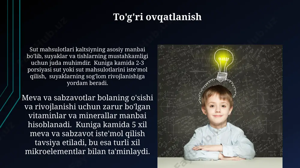 келет тизимининг соғлом ривожланишига ёрдам беради. mutaxassislar bilan maslahatlashish bolaning o'sish sur'atini kuzatish va potentsial muammolarni oldini olish uchun, kamida ikki yilda bir marta endokrinolog bilan maslahatlashish tavsiya etiladi, ayniqsa genetik moyillik bo'lsa. mutaxassis pediatrlar bilan kamida 3 oyda bir marta, bolaning yoshi va rivojlanish xususiyatlariga qarab esa tez-tez maslahatlashish tavsiya etiladi, bu esa 90% hollarda to'g'ri diagnostika qo'yishga yordam beradi. bolalarda jismoniy rivojlanishning buzilishi bolalarning 20% gacha genetik omillar tufayli tug‘ma suyak-mushak tizimi anomaliyalari bilan tug‘iladi, bu esa ularning jismoniy rivojlanishiga sezilarli darajada ta’sir qiladi. noto‘g‘ri ovqatlanish natijasida kelib chiqadigan ozuqa moddalari yetishmasligi, ayniqsa, kaltsiy va d vitamini tanqisligi, bolalarda raxit va suyaklarning zaiflashishiga olib keladi. 12 yoshdan o'smirlik davrigacha 12-18 yosh oralig'ida qizlarda o'rtacha bo'yi 15-20 sm ga, o'g'lonlarda esa 20-25 sm ga o'sishi kuzatiladi, bu genetik omillar va gormonal o'zgarishlarga bog'liq. o'smirlik davrida suyaklarning zichligi maksimal darajaga yetadi, osteoporoz xavfini kamaytirish uchun yetarli kaltsiy va d vitamini …