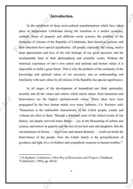 ed "the eastern moral code". formation of a rich moral culture, which is coherent and civilizing, is impossible without connections with customs, traditions and rituals which were created thousands of years ago. this has complicated the process of assimilation by our contemporaries of the best that comes from our ancestors. for a long time it was inculcated into the consciousness of people that social interests were more important than personal ones. this meant that the interests of the state were always the most important. of course, social interests are very important and everyone has his or her duty as citizen, but society must help one satisfy one`s needs. that is why i.a. karimov emphasized: "the most important characteristic of the new constitution is its recognition of the responsibility of state establishments and its officers before citizens, that is to say the priority of the interests of every citizen." the conception …