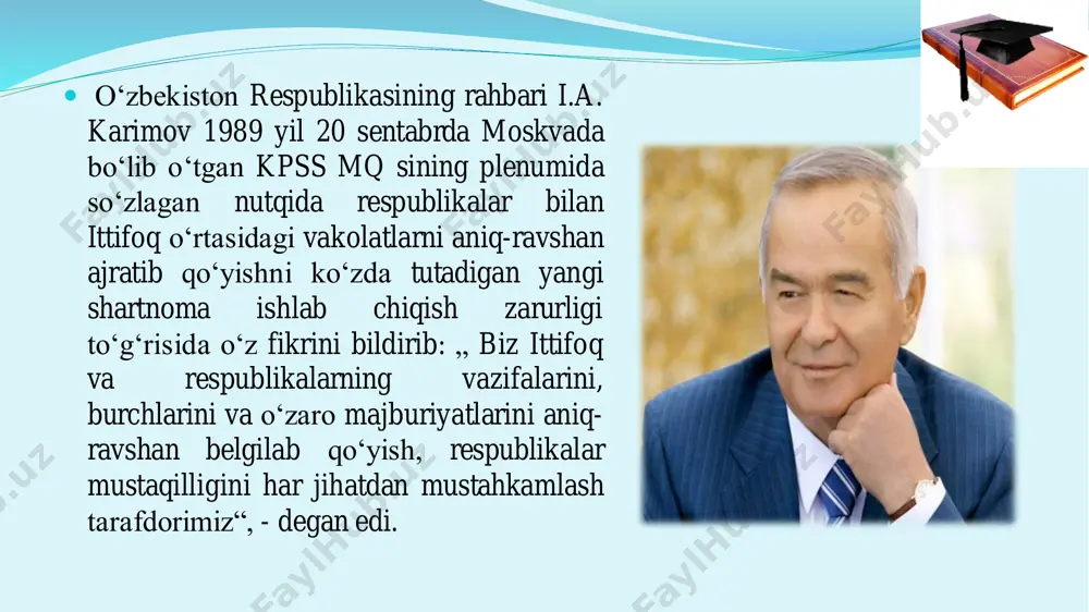 identi huzuridagi vazirlar mahkamasining qoraqalpog‘iston, viloyatlar va тoshkent shahar rahbarlari ishtirokidagi qo‘shma majlisi bo‘lib o‘tdi  o‘zbekiston prezidenti i. a. karimov 1991 yil 20 avgust kuni respublika aholisiga o‘zining murojaatini e’lon qildi: “hozircha mamlakatning hokimiyat doiralari qanday yo‘l bilan, nimalar orqali, qanday siyosat orqali bu maqsadlarga erishish mumkinligi haqida to‘liq, hozircha batafsil ma’lumot berganicha yo‘q. bu ma’lumotlar bilan chuqur tanishganimizdan keyingina bo‘layotgan o‘zga-rishlarga o‘zimizning munosabatimizni albatta bildiramiz“. prezident xalqqa: „biz birovning gapiga kirib ish tutmaymiz, biz o‘zimiz tanlagan yo‘limizdan va belgilab olgan maqsadimizdan qaytganimiz yo‘q. ishonamanki, bu og‘ir sinovlardan ham eson-omon o‘tamiz“, - deb murojaat qildi. xalqni og‘ir sinovlardan o‘tayotgan bir paytda sabr- toqatli, bardoshli va vazmin bo‘lishga, tinchlikni saqlash maqsadida jipslashishga chaqirdi. islom karimovning respublika aholisiga murojaatidan. „sovet o‘zbekistoni“ gazetasi, 1991 yil, 21 avgust soni.  1991 yil 21 avgustda o‘zbekiston respublikasi prezidenti o‘z farmoni bilan o‘zbekiston hududida hokimiyat va boshqaruv idoralari, korxonalar, tashkilotlar hamda muassasalarning qabul qilgan barcha …
