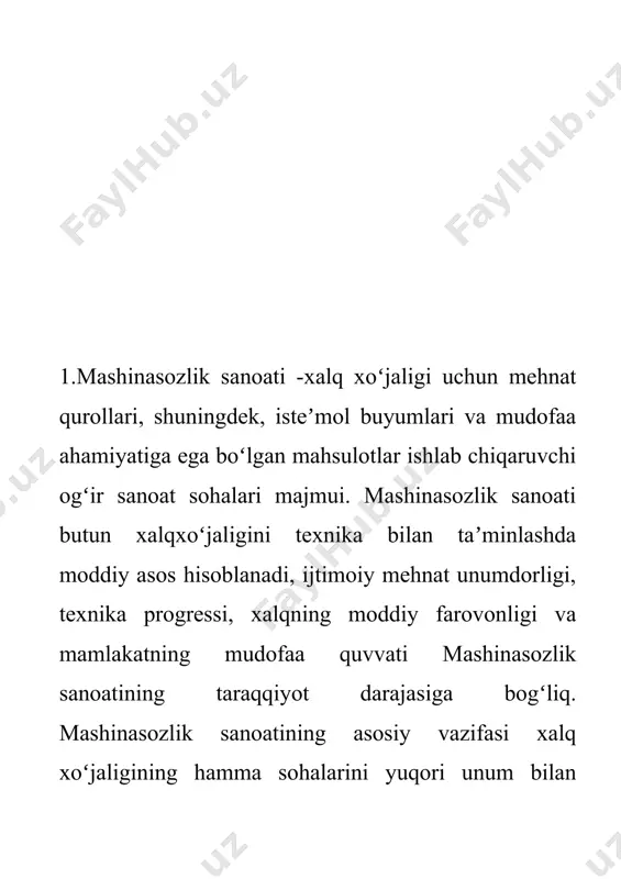 ik va qishloq xoʻjaligi mashinasozligi. respublika mashinasozligida ishlab chiqariladigan jami mahsulotning qariyb 20% shu tarmoq hissasiga toʻgʻri keladi. 90-yil boshigacha tarmoqning koʻpgina mahsulotlari sobiq ittifoq ahamiyatiga ega boʻlgan. mdh mamlakatlari boʻyicha paxta terish mashinalari, chigit seyalkalari, paxtachilikka moslashtirilgan chopiq traktorlari, traktor tirkamalarining asosiy kismi oʻzbekistonda ishlab chiqariladi. 30-yillar boshida paxtachilikda ishlatiladigan ekish va tuproqqa ishlov berish mashinalari, paxta tozalash zavodlari uchun texnologik va boshqa jihozlar oʻrta osiyoda yagona "boshpaxtasanoat"ning mexanika zavodida tayyorlangan. 90-yilga kelib traktorsozlik va q. h. mashinasozligi tarmogʻida 20 dan ortiq zavod, birlashma va tashkilotlar faoliyat koʻrsatdi. bu tarmoqda paxtachilik traktorlari, dvigatellar, traktor tirkamalari, paxtachilik texnikasi kompleksi, bogʻdorchilik va tokchilik mashinalari, q. h. mashinalari reduktorlari, chorvachilik, ozuka tayyorlaydigan mashinalar, ehtiyot qismlar va h. k. ishlab chikariladi. 20-asrning 90-yillar boshida quvvati 30 ot kuchi boʻlgan ttz - 30 traktori va unga moslangan q. h. mashinalari va qurollari majmui yaratildi. traktorsozlikning yirik korxonalari — "toshkent traktor zavodi" davlat-aksiyadorlik jamiyati va …