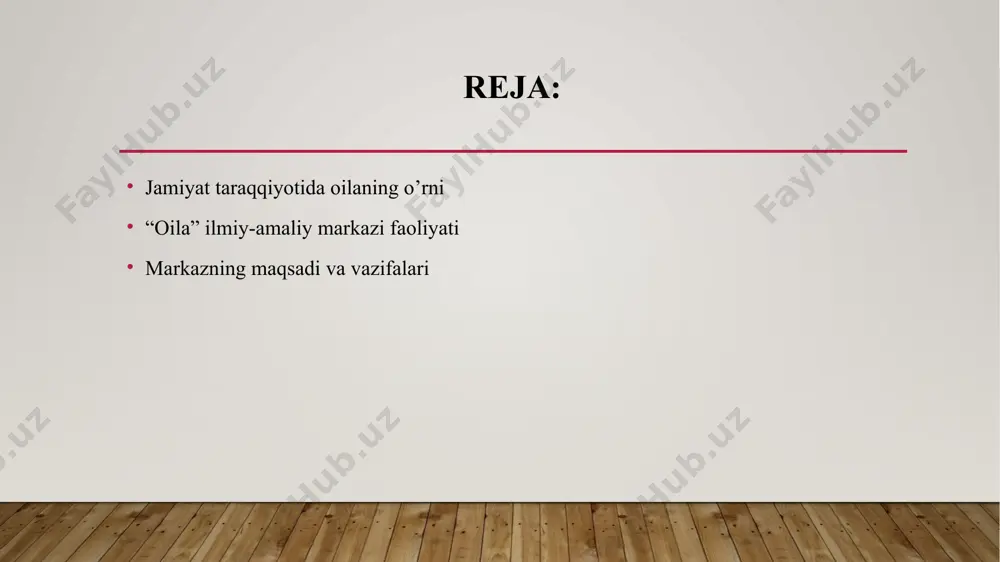 bilan uyg‘unlashtirish, oila va nikohning muqaddasligini yosh avlod ongiga chuqur singdirish yo‘li bilan oilalarning mustahkamligini ta’minlash, oila a’zolarining huquqiy savodxonliklarini oshirish muammolarini ilmiy o‘rganishni va fuqarolarga bu masalalarda amaliy yordam berishni muvofiqlashtirishdan iborat. markazning asosiy vazifalari quyidagilardan iborat: oila va jamiyat, oila va mahalla munosabatlari bilan bog‘liq boy milliy an’analar, sermazmun milliy qadriyatlarning ildizlarini, ajdodlarimiz merosini o‘rganish va ommalashtirish; milliy oilaviy tarbiyada umuminsoniy qadriyatlarning o‘rnini yuksaltirish va uning oilada uyg‘unlashuvini ta’minlash; oilaning pedagogik, psixologik, ijtimoiy-psixologik, etno-pedagogik, etno-psixologik muammolarini o‘rganish hamda rivojlantirish istiqbollari bo‘yicha taklif va tavsiyalar tayyorlash; oilaning ijtimoiy-iqtisodiy holati, demografik xususiyatlarini ilmiy asosda tadqiq etish; oila, ayol va bolalarning ijtimoiy-iqtisodiy mavqeyini aks ettiruvchi statistik axborotlarni to‘plash va umumlashtirish; ishtirokchilar kengashining huquq doirasiga quyidagilar kiradi: respublika “oila” ilmiy-amaliy markazi faoliyatining asosiy yo‘nalishlarini belgilash va ularning bajarilishini nazorat qilish; markazga oila manfaatlariga oid ilmiy-amaliy hamda uslubiy-o‘quv-tarbiyaviy dasturlarni ishlab chiqish va amaliyotga tatbiq etish yuzasidan buyurtmalar berish; markazga homiy tashkilotlar bilan aloqalar …