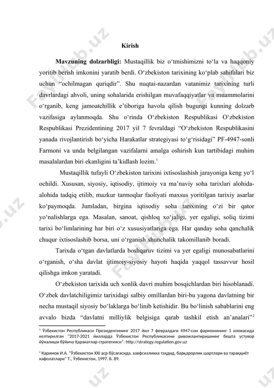 vlat boshqaruvi va yer egaligi munosabatlari” tarzida tanlashimizga imkon berdi. mavzuning o‘rganilganlik darajasi: o‘zbekiston tarixining barcha sohalari keyingi davrda keng jamoatchilikni va fan fidoyilari e’tiborini o‘ziga jalb etib kelmoqda. tanlangan mavzu bo‘yicha bir qator fundamintal asarlar ham yaratilgan. quyida nomlari zikr etilgan asarlarda o‘rta osiyodagi uch xonlikning siyosiy, iqtisody, ijtimoiy va ma’naviy hayotiga oid qimmatli ma’lumotlar beriladi. abdulazim somiyning “tarixiy salotini mang‘itiy” y. bayoniyning “shajarai xorazimshohiy”, mirzo olim mushrifning “qo‘qon xonligi tarixi”, amir said olimxonning “buxoro xalqining hasrati tarixi” asarlari o‘sha davrda yaratilgan manba sifatida qadirlidir. shuningdek, m.y. yo‘ldoshev “xiva xonligida yer egaligi va davlat tuzilishi”, a.muhammadjonovning “buxoroning sug‘orilishi tarixi” asarlari tadqiq etilayotgan mavzuga bevosita aloqadorligi bilan qimmatlidir. ba’zi tarixiy asarlarda bizning mavzumizga yo‘l-yo‘lakay to‘xtalib o‘tilgan. mavzuning maqsad va vazifalari: bitiruv malakaviy ishning asosiy maqsadi turli manbalar va tarixiy adabiyotlardan foydalangan holda o‘rta osiyo xonliklarida davlat tuzilishi va yer egaligi munosabatlari tarixini o‘rganish. maqsadga muvofiq quyidagi vazifalar belgilandi: - buxoro, …