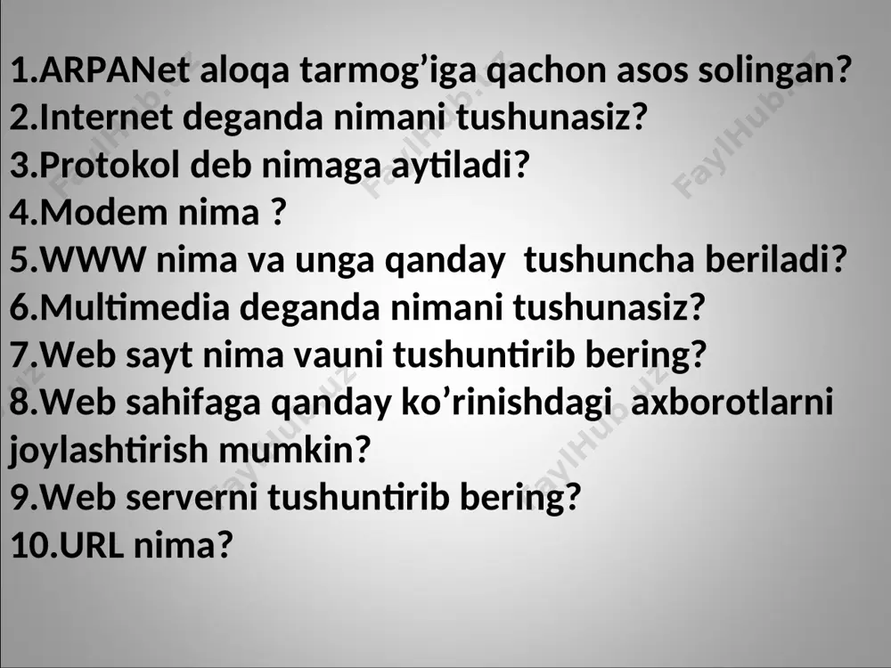 ning adreslar satriga web-sahifa adresi yozilib enter tugmasini bosish kifoya. masalan,adreslar satriga www.ziyonet uz deb yozib enter tugmasini bossak bir necha soniyadan keyin ma’lumotlar oynasida www.ziyonet .uz sahifasi paydo bo’ladi.web-sahifaning hajmiga qarab ochilishiga bir necha soniyadan bir necha daqiqagacha vaqt sarflanadi.web-sahifani ochish jarayonida uning qismlari ekranga asta sekin ko’rinib boradi va biz kerakli ma’lumotga ega bo’lamiz. tez-tez murojaat qilib turiladigan web-sahifalarni “tanlangan” papkasiga qo’shib qo’yish mumkin buning uchun uskunalar panelidagi “tanlangan” tugmasi bosiladi. 1.chap ustundagi so’zlarni o’ng ustundagi jumlalarga moslab qo’ying. ms word web-brauzerlar opera ms internet explorer ms paint microsoft firmasi dasturlari netscape navigator adwiper ms word microsoft firmasi dasturi opera web-brauzer ms internet explorer web-brauzer ms paint microsoft firmasi dasturi netscape navigator web-brauzer adwiper web-brauzer 2.nuqtalar o’rniga o’ng ustundagi mos keladigan so’zlarni joylashtirib ko’chiring. birinchi….1990-yil tim berners li tomonidan ishlab chiqilgan web-sahifa web-brauserlar….ni ko’rsatishni ta’minlovchi dastur tahrir menyusi ….yordamida qirqib olish ,nusxa olish,joylashtirish amallarni bajaradi. web-brauser birinchi….1990-yil tim …