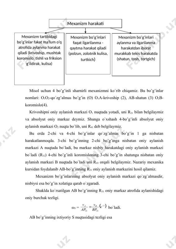 ladi. bu erda: embed equation.3 – p31 oniy aylanish markazidan s nuqtagacha bo`lgan masofa. mexanizmlarning turli xolatlardagi planlarni tuzish. mexanizm bo’g’inlarini kattalashtirib yoki kichaytirib chizish uchun ma'lum masshtab talab qilinadi. quyidagi shakl – 5.2 da aksial krivoshipli – shatunli mexanizmni ko`rib chiqsak. bu mexanizm bo’g’inlarini o`lchovlari quyidagicha loa = 95 mm = 0,095 m—krivoshipning xaqiqiy uzunligi lab= 0,340 m—shatunning xaqiqiy uzunligi lаs =100 mm = 0,1m—shatun og’irlik markazi s va a nuqta orasidagi masofa. mexanizm bo’g’inlarini uzunlik masshtabi (l bo`yicha shakldagidek chizamiz. uzunlik masshtabi quyidagicha topiladi. = bu erda ab – shatunning grafik uzunligini , (buni shu kesma chiziladigan qog`oz o`lchamiga qarab tanlaymiz). bizda ab = 68mm., u xolda = yoki = 0,005 buni ab kesmaning xar 1mm uzunligiga 5 mm xaqiqiy uzunlik bor deb tushunamiz. shunga ko`ra krivoshipning grafik uzunligi, ya'ni qog`ozga chiziladigan uzunligi quyidagicha bo`ladi. oa = mexanizmni boshlang`ich (nol) vaziyati quyidagicha topiladi. l = oa + ab …