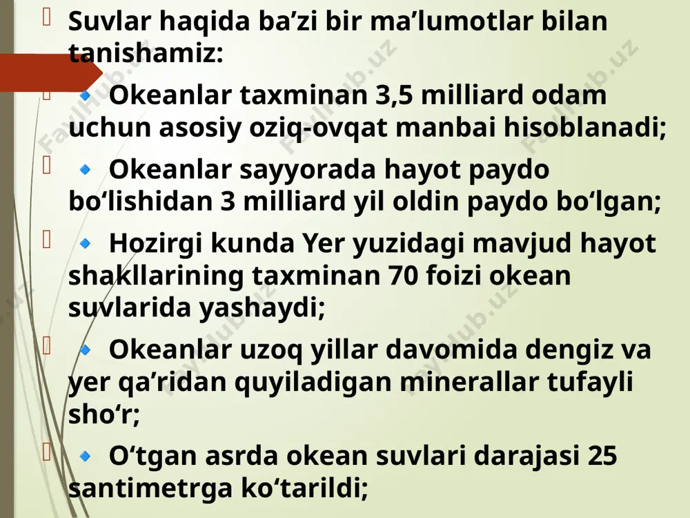 m3 suv qo`shni mamlakatlar (xususan, tojikiston va qirg’iziston) dan oqib keladi. amudaryo suv yig’ish maydoni va yillik suv hajmi jihatidan boshqa daryolardan yuqori turadi. amudaryoning uzunligi 1900 km, faqatgina tog’larda suv yigish maydoni 2770 km2 ga tengdir. amudaryoning qariyb 83% suvlari tojikiston hududida, faqatgina 6% suvi o’zbekiston hududida shakllanadi. bir kishi o’rtacha 1 sutkada shaxsiy gigiena va maishiy kommunal zaruriyatlari uchun 150-450 litr suv ishlatadi. ammo bu ko’rsatkich xizmat turiga va yaratilgan shart-sharoitlarga bog’liqdir. agar suv quvurlari va kanalizasiya quvurlari mavjud bo’lmasa, unda 30-50 litr suv sarflanadi. agar suv quvurlari va kanalizasiya quvurlari mavjud bo’lsa, 180-230 litr suv sarflanadi. markaziy isitish tizimida esa 1 kishi uchun sutkasida 275-400 litr suv sarflanadi. rivojlangan mamlakatlarda bir kishi uchun bir sutkada urtacha 500-600 litr suv sarflanadi. ammo rivojlanayotgan mamlakatlarda esa bu ko`rsatgich 2-3 marotaba kichik bo`lib, 200-250 litr suv sarflanadi. gidrosfera (yunoncha hydro - suv va sphaire - shar) - yerning suv qobig'i …
