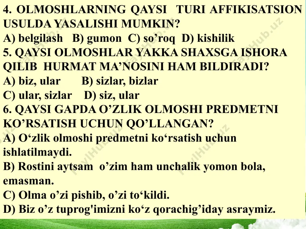 ashmoq o‘timli fe’llar ishtirokida gaplar: kiymoq: men yang kiydim. so‘roqlamoq: u do‘stini so‘roqladi. so‘ramoq: o‘qni so‘radi. so‘rattirmoq: men uni kitobni so‘rattirdim. quvontirmoq: yaxshi xabar meni quvontirdi. joylashtirmoq: u mebellarni xonaga joylashtirdi. o‘timsiz fe’llar ishtirokida gaplar: almashmoq: ular joylarini almashishdi. jiringlamoq: telefon jiringladi. o‘xshamoq: qiz onasiga o‘xshaydi. jilmaymoq: bola jilmaydi. yuzlanmoq: u menga yuzlandi. kiyinmoq: u tezda kiyinib chiqdi. quvonmoq: u imtihondan o‘tganiga quvondi. joylashmoq: uy shahar markazida joylashgan. bajaruvchining harakat va holat jarayonida qay darajada ishtirok etishini bildiruvchi fe’l shakllari nisbat shakllari sanaladi. masalan, supurdi fe’lida supurish harakatini bajaruvchi shaxs aniq, supurildi fe’lida noaniq, supurishdi fe’lida birdan ortiq, supurtirdi fe’lida esa harakat boshqa shaxs vositasida bajarilgani ifodalangan. matnni o‘qing. maqsadga yetish uchun harakat qilish kerak ekanligiga e’tibor bering. keksa bir qayiqchi qayig‘idagi eshkaklarning biriga “ishon”, ikkinchisiga “harakat qil” deb yozib qo‘ygan ekan. buning ma’nosini so‘raganlarga u shunday deb javob berarkan: – daryodan suzib o‘tish uchun har ikki eshkakka ehtiyoj bor. …
