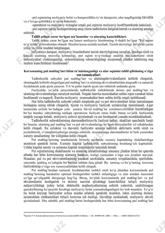 aoliyatidan bо‘lajak pul oqimlarini prognoz qilish uchun axborotning boshqa turlaridan qо‘shib foydalanish mumkin bо‘ladi. operatsiya faoliyatidan pul oqimi xо‘jalik yurituvchi subyektning asosiy faoliyatidan kelib chiqadi. odatda xо‘jalik yurituvchi subyektning asosiy faoliyati mahsulotni sotishga, ishlarni bajarishga yoki xizmat kо‘rsatishga qaratilgan bо‘ladi. operatsiya faoliyatidan asosiy pul oqimiga quyidagilar kiradi2: a) tovarlarni sotish va xizmat kо‘rsatishdan tushgan pul; b) royalti, badallar, vositachilik haqi va о‘zga yо‘llar bilan pul mablag‘lari tushumi; c) tovarlar va xizmatlar uchun ularni yetkazib beruvchilarga pul tо‘lovlari; d) xodimlarga va xodimlar nomidan tо‘lovlar; e) sug‘urta kompaniyasining sug‘urta polislari bо‘yicha mukofotlari, talablari, yillik va о‘zga tо‘lovlari bо‘yicha pul tushumlari va tо‘lovlari; f) soliqlar bо‘yicha pul tо‘lovlari yoki uning о‘rnini bosuvchi tо‘lovlar, agar ular investitsiya va moliya faoliyatiga taalluqli bо‘lmasa; g) savdo yoki dilerlik maqsadlarida tuzilgan bitimlar bо‘yicha pul tushumlari va tо‘lovlari; h) boshqalar. asosiy vositalar birliklarini sotish kabi ayrim operatsiyalar bо‘yicha foyda kelishi va zarar kо‘rilishi mumkin, ular sof foyda yoki …