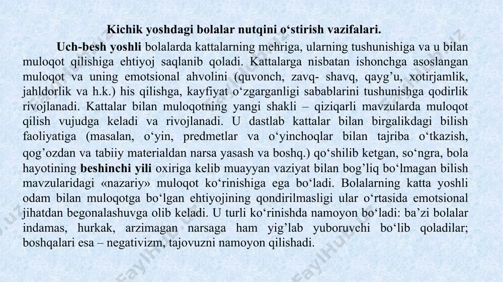 egallaydi. bu ishlar faqat mashg’ulotlardagina amalga oshirilmasdan, balki bolalarning kundalik hayotida ham, mehnat faoliyatida va o‘yin faoliyatida amalga oshiriladi. bolaning o‘z qarindoshlari, qo‘shni tengdoshlari shaxsiga va faoliyatiga qiziqishini qo‘llab-quvvatlash, birgalikdagi o‘yinlarda ularning dialogik nutqini yo‘lga qo‘yishga ko‘maklashish; turli muloqot vositalari, ya’ni - so‘z, yuz ifodasi (imo-ishora)dan muayyan vaziyatni hisobga olgan holda tabaqalashtirilgan holda foydalanishni o‘rgatish; bolalarning ertak va kichik hikoyalarni so‘zlab berishga qiziqishini qo‘llab-quvvatlash; bolani “tovush», “so‘z», “gap» atamalari bilan tanishtirish kabilardan iborat bolalarning o‘z nutqlarida umumlashtiruvchi so‘zlarni, ya’ni kiyim-kechak, oyoq kiyim, mebel, idish- tovoqlar, sabzavotlar, mevalar, gullar, qushlar, hayvonlar va hokazolarni ishlatishga o‘rgatiladi; tanish buyumlarni guruhlashga va ularni tasniflashga (idish tovoqlar, choy idishlar, ovqat suzadigan idishlar, oshxonada ishlatiladigan idishlar, oyoq kiyimlar, qishki va yozgi kiyimlar) o‘rgatiladi. 4-5 yoshli bolalar jamiyat hayotining ayrim hodisalari bilan tanishtiriladi, kishilar mehnati, ularning kasblari, mehnat qurollari hamda ularning o‘ziga xos xususiyatlari bilan tanishtirilib boriladi va buning natijasida ularning lugatlariga mehnat faoliyatining xususiyatlarini, ishchilar (mehnatkashlar) …