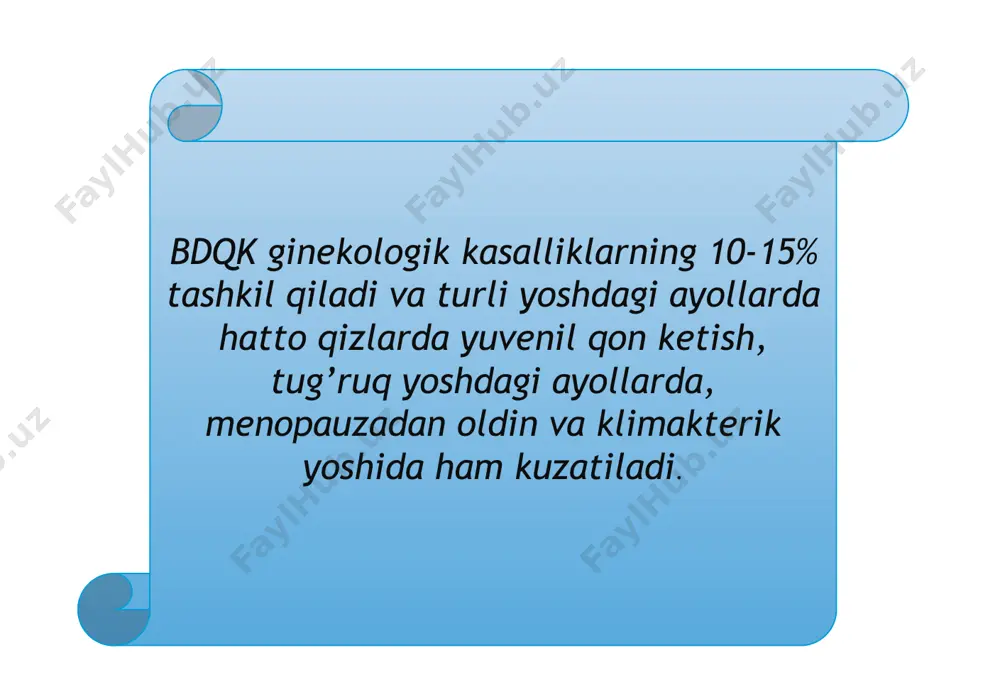 dagi xavfli o`smalar (mioma, rak) jinsiy a’zolar sili gemorragik diatez verl-goff kasalligi gemofiliya kapillar toksik va allergic o`zgarishi buqoq bezi, buyrakusti bezi, diensefal patologiya davolash davolash asosan 2 bosqichda o`tkaziladi qon ketishini to`xtatish hayz siklini tartibga solish agar kasalxonaga murajaat qilgan bemorda o`tkir kamqonlik belgilari kuzatilsa: arterial qon bosimi pasaygan taxikardiya holsizlik gemoglobin 70g/l dan past bo`lsa gemotokrit 20% bo`lsa, qon o`rnini bosuvchi eritmalar quyish zarur * e’tiboringiz uchun rahmat