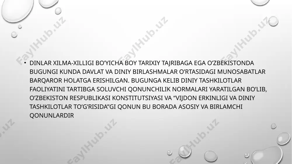 har bir shaxsning din bilan bog’liq bo’lgan huquqlari davlat tomonidan kafolatlangan. image3.png image2.png image1.png /docprops/thumbnail.jpeg