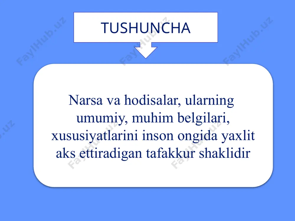 atib olinib, mavhumlashtirilgan ma`lum hususiyat, belgilarni aks ettirgan tushunchalar musbat tushuncha predmetni unga xos belgilari orqali aks ettirish manfiy tushuncha predmetni unga xos bo`lmagan belgilar orqali fikr qilinishi nisbatdosh tushuncha zaruruy ravishda bir-birini taqozo qiladigan predmetlarni aks ettiruvchi nisbatsiz tushuncha nisbatan mustaqil, alohida mavjud bo`lgan predmetlarni aks ettiruvchi tushuncha hajmi jihatdan turlari yakka tushuncha hajmida bitta predmet fikr qilinadigan tushuncha umumiy tushuncha toplovchi ayiruvchi predmetlar guruhini aks ettiruvchi tushuncha (unda aks etgan predmetlar guruhi chegaralangan va chegaralanmagan bo`ladi) umumiy tushunchaning bir turi bo`lib, unda aks etgan belgilar faqat shu sinfning o`ziga taalluqli bo`ladi umumiy tushunchaning bir turi bo`lib, unda aks etgan belgilar berilgan sinfning har bir elementiga taalluqli bo`ladi tushuncha mazmun va hajm muayyanligiga ega. tushunchaning mazmunida u ifodalagan predmet, hodisalarning boshqalardan farqli tomonlari, muhim belgilari aks etadi. tushuncha hajmida uni ifodalagan narsa hodisalar miqdori aks etadi tushunchalarning hajmi va mazmuni ularni turlarga ajratish imkonini beradi 2-reja uchun qisqacha xulosalar …