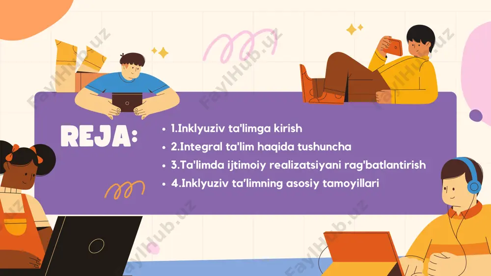 rqali bir qadam oldinga boradi. bu nafaqat talabalarning o'ziga foyda keltiradi, balki ishtirok etgan har bir kishi uchun o'rganish tajribasini oshiradi. ta'limda ijtimoiy realizatsiyani rag'batlantirish turli xillikni qadrlaydigan, empatiyani targ'ib qiluvchi va barcha o'quvchilarda tegishlilik tuyg'usini uyg'otadigan maktab madaniyatini yaratishni o'z ichiga oladi. bu talabalarni jamiyatning hurmatli, inklyuziv a'zosi bo'lishga tayyorlashga yordam beradi. inklyuziv ta’lim asosiy ta’lim tizimiga qobiliyat va bilim darajasidan qat’i nazar, barcha o‘quvchilarni integratsiyalashuviga qaratilgan. bu ta'lim muhitida xilma-xillik va tenglikni targ'ib qiladi. integral ta'lim o'quvchilarning individual ehtiyojlarini qondirish uchun turli xil o'qitish strategiyalari va resurslarini birlashtirish muhimligini ta'kidlaydi. u ta'limga yaxlit yondashuvni ta'minlashga qaratilgan. inklyuziv ta’limning asosiy tamoyillari inklyuziv ta’limni joriy etishdagi muammolar inklyuziv ta'lim - bu barcha o'quvchilarga, ularning farqlaridan qat'i nazar, inklyuziv muhitda o'rganish va muvaffaqiyatga erishish uchun bir xil imkoniyatlar berilishini ta'minlash amaliyotidir. inklyuziv ta'lim - bu barcha o'quvchilarga, ularning farqlaridan qat'i nazar, inklyuziv muhitda o'rganish va muvaffaqiyatga erishish uchun bir xil imkoniyatlar …