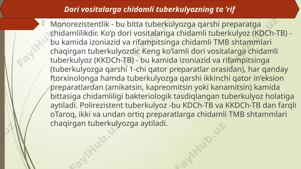 an boshlash mumkin. dori vositalarga chidamli (kdch) tuberkulyozni davolashdagi asosiy tamoyillar • dori vositalarini haftasiga 6 marta qabul qilish kerak. pirazinamid, etambutol va ftorxinol kabi preparatlaming sutkalik dozasini bir vaqtda qabul qilish kerak, shundagina bu holatda preparatlaming konsentratsiyasi yuqori cho‘qqiga chiqishiga erishiladi va davolashning yuqori samaradorligi ta’minlanadi. hamma sutkalik dozani bir mahal qabul qilishga bemor ko‘tara olishiga qarab boshqa ikkinchi qator preparatlariga ham yo‘l qo‘yiladi. lekin, etionamid (protionamid), sikloserin va pasklaming sutkalik dozalari kun davomida, ulaming nojo‘ya ta’sirlarini kamaytirish uchun bo‘iaklarga taqsimlab beriladi. • dori preparatini dozalash, bemoming tana vazniga qarab belgilanadi. • davolashni bemor o‘zicha to‘xtatishini, jiddiy nojo‘ya ta’sir oqibatida kasallik va o‘lim darajasini ortishini oldini olish uchun preparatning nojo‘ya ta’sirini yo‘qotishni shifokor kechiktirmay va to‘g‘ri bajarishi lozim. in’eksion preparatlar (aminoglikozidlar yoki kapreomitsin) kamida 6 oy, juda bo‘lmaganda esa balg‘amning (ekmasi) bakteriologik konversiyasidan so‘ng 2 oy qo‘llanadi. • har bir doza butun davolash davomida haftasiga 6 marta nazorat ostida …