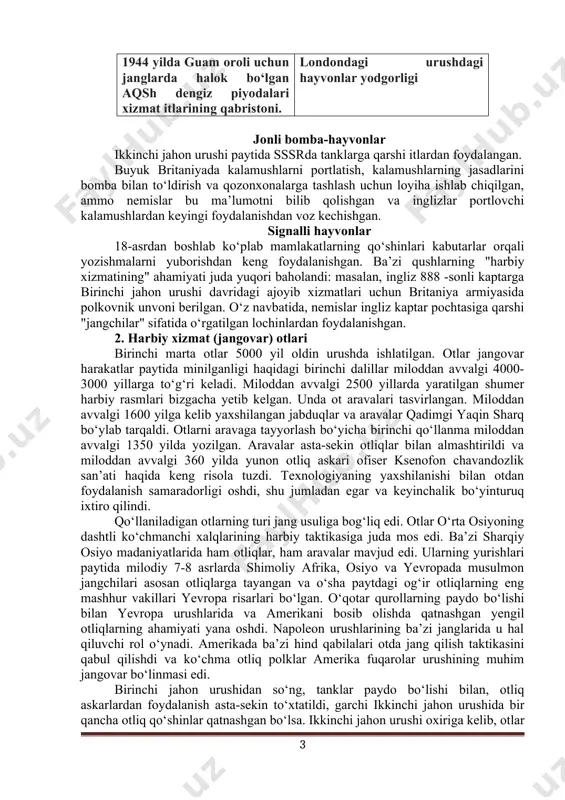 lovchi kalamushlardan keyingi foydalanishdan voz kechishgan. signalli hayvonlar 18-asrdan boshlab ko‘plab mamlakatlarning qo‘shinlari kabutarlar orqali yozishmalarni yuborishdan keng foydalanishgan. ba’zi qushlarning "harbiy xizmatining" ahamiyati juda yuqori baholandi: masalan, ingliz 888 -sonli kaptarga birinchi jahon urushi davridagi ajoyib xizmatlari uchun britaniya armiyasida polkovnik unvoni berilgan. o‘z navbatida, nemislar ingliz kaptar pochtasiga qarshi "jangchilar" sifatida o‘rgatilgan lochinlardan foydalanishgan. 2. harbiy xizmat (jangovar) otlari birinchi marta otlar 5000 yil oldin urushda ishlatilgan. otlar jangovar harakatlar paytida minilganligi haqidagi birinchi dalillar miloddan avvalgi 4000-3000 yillarga to‘g‘ri keladi. miloddan avvalgi 2500 yillarda yaratilgan shumer harbiy rasmlari bizgacha yetib kelgan. unda ot aravalari tasvirlangan. miloddan avvalgi 1600 yilga kelib yaxshilangan jabduqlar va aravalar qadimgi yaqin sharq bo‘ylab tarqaldi. otlarni aravaga tayyorlash bo‘yicha birinchi qo‘llanma miloddan avvalgi 1350 yilda yozilgan. aravalar asta-sekin otliqlar bilan almashtirildi va miloddan avvalgi 360 yilda yunon otliq askari ofiser ksenofon chavandozlik san’ati haqida keng risola tuzdi. texnologiyaning yaxshilanishi bilan otdan foydalanish samaradorligi …