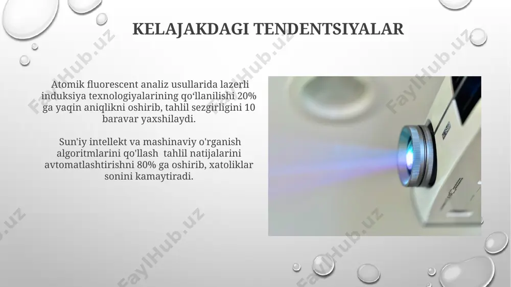 atomik fluorescent analiz metodida aniqlik odatda 1-5% oraligʻida boʻlib, bu standart deviatsiya yoki nisbiy standart deviatsiya bilan ifodalanadi. nurlanishni qayd qilish nurlanishni qayd qilish jarayonida fotoelektron koʻpaytiruvchi (fkk) detektorlari 10 6 dan ortiq fotonlarni aniqlashga qodir boʻlib, signal/shovqin nisbatini yaxshilaydi. nurlanish intensivligini oʻlchashda 0.01% gacha boʻlgan nisbiy xatolikka erishish mumkin, bu esa analiz natijalarining yuqori ishonchliligini ta'minlaydi. atom floresans analizi usulining mohiyati ushbu usul yuqori sezuvchanlikka ega bo'lib, bir qator kimyoviy elementlarni, jumladan, hg, cd, pb va zn kabi og'ir metallarning iz miqdorini aniqlash imkonini beradi. atom floresans analizida namunadagi elementlarning konsentratsiyasi, 10 -9 -10 -12 g/ml oralig'ida bo'lgan atomlarni qo'zg'atish va keyinchalik ularning chiqaradigan xarakterli nurlanishini o'lchash orqali aniqlanadi. e'tiboringiz uchun rahmat @taqdimot_robot image3.png image4.jpg image5.jpg image6.jpg image7.jpg image8.jpg image9.jpg image10.jpg image11.jpg image12.jpg image13.jpg image14.jpg image15.jpg image1.png