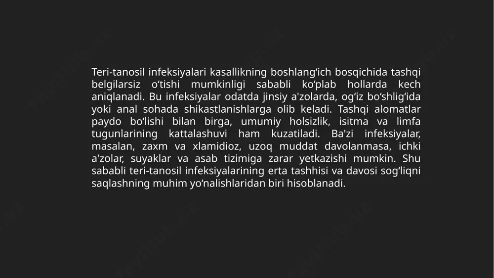 infeksiyalarini tashxislashda, shuningdek, bemorning klinik holati va mikrobiologik natijalar asosida to‘g‘ri davolash usulini tanlash juda muhim. tashxis qo‘yilgach, infeksiyaning turi va kengayishiga qarab kerakli davolash boshlanadi. etiboringiz uchun rahmat! image2.jpeg image3.jpeg image4.jpeg image5.jpeg /docprops/thumbnail.jpeg