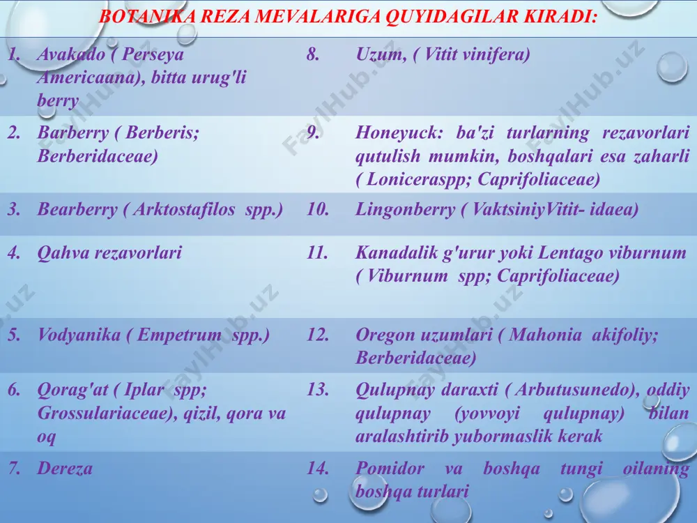 ga oshiriladi. saqlash rejimi havoning ma‘lum harorati va nisbiy namligini, muhitning gaz tarkibini nazarda tutadi. har bir meva va rezavorlar uchun saqlashning ma‘lum bir muvofiq sharoitlari mavjud. ko‘pchilik meva va rezavorlar uchun havoning 0 °c harorati va 85-90 % nisbiy namligi muvofiq hisoblanadi. yangi meva va rezavorlarning tarkibida 85-90 % atrofida suv mavjud. shu tufayli ular saqlashga chidamsizdir. buni inobatga olib yangi meva va rezavorlarni qayta ishlab, oziq-ovqat sanoati uchun zarur bo‘lgan yarim tayyor mahsulotlar tayyorlanadi. novvoylik makaroni va qandolatchilikda qo‘llanadigan qayta ishlangan mevarezavorlar pulpa - bu butun yoki o‘rtasi (urug‘lari, urug‘ xonasi, danaklari) olingan va olinmagan mevalar yoki rezavorlar bo‘lib, konservalash uchun odatda ularning ustidan sulfit kislotasining eritmasi quyiladi. pulpa faqat yangi meva va rezavorlardan tayyorlanadi va quyidagi turlarga bo‘linadi: olma, behi, o‘rik, zemlyanika, qulupnay va boshqalar. sifatiga qarab pulpa birinchi va ikkinchi navlarga bo‘linadi. pulpada mevalar va ularning bo‘laklari o‘lchamlari va shakliga ko‘ra bir xil bo‘lishi kerak. bir-biriga …