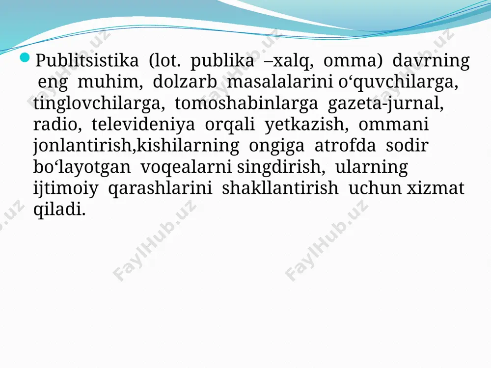 igan so‘z va jumlalar tanlab qo‘llaniladi. publitsistik uslub ijtimoiy-siyosiy atamalarni o‘zida mujassam etadi. publitsistik uslubning grammatik xususiyatlari. publitsistikada gap turlaridan, asosan qisqa, lo‘ndalikni ifodalovchi sodda gaplar ishlatiladi. qo‘shma gaplar esa mantiqiy bog‘liqlikni ko‘rsatishga, u yoki bu voqea haqida yaxlit, umumiy tasavvur hosil qilishga yordam beradi. shunga ko‘ra, matbuotda chop etilayotgan materialning xususiyatiga ko‘ra u yoki bu gap turidan foydalaniladi. reportajda jumlalarning juda ixchamligi, nutq vaziyatiga ko‘ra gap qurilishining o‘zgarib turishi kuzatiladi. image4.gif image5.png /docprops/thumbnail.jpeg
